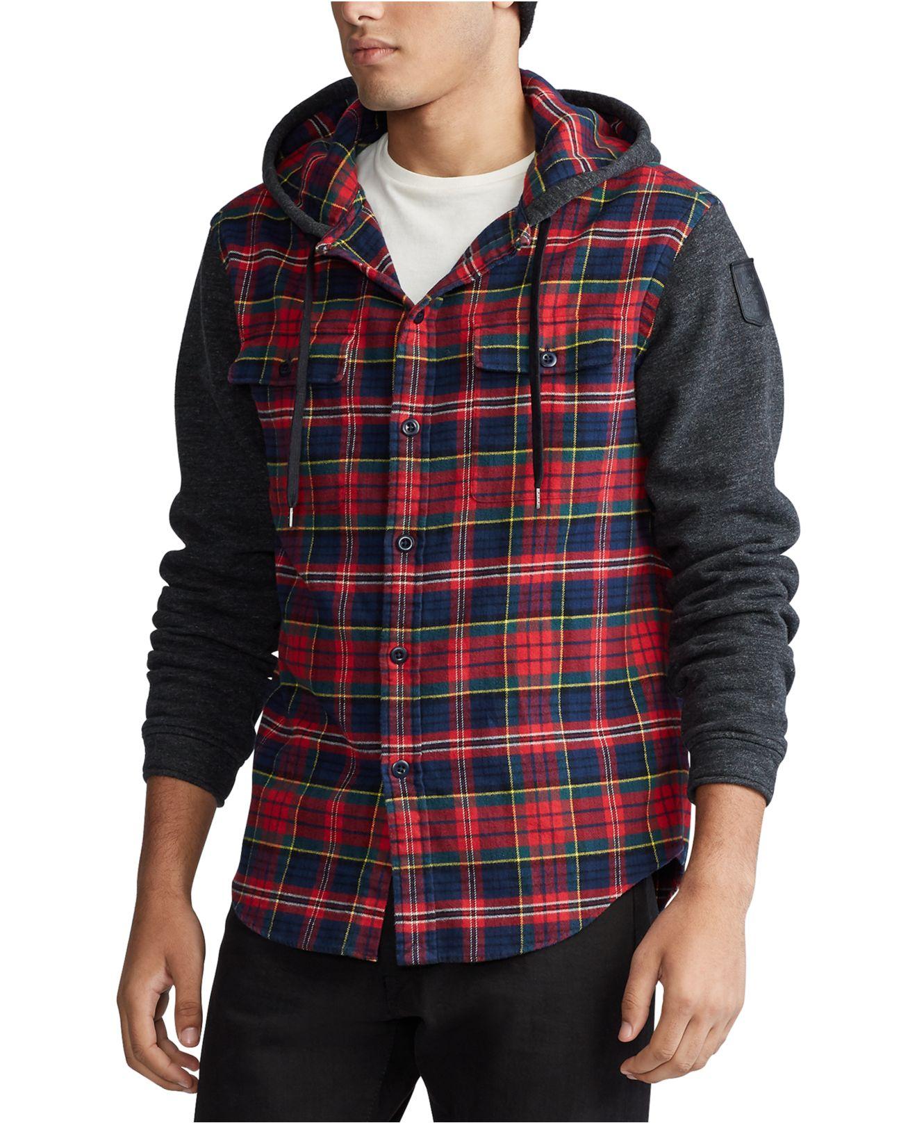 plaid pattern colorblock panel hooded shirt