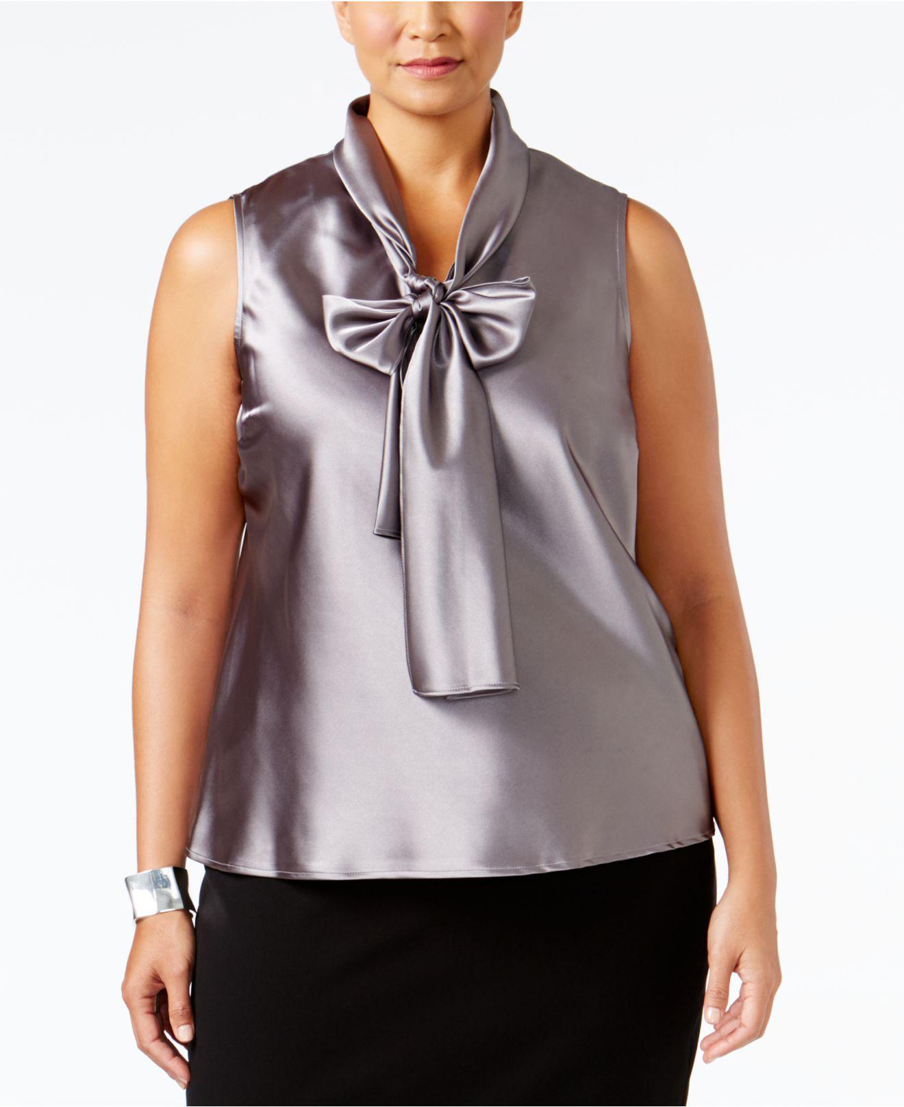 Nine West Synthetic Tie  neck Charmeuse Blouse  in Platinum 