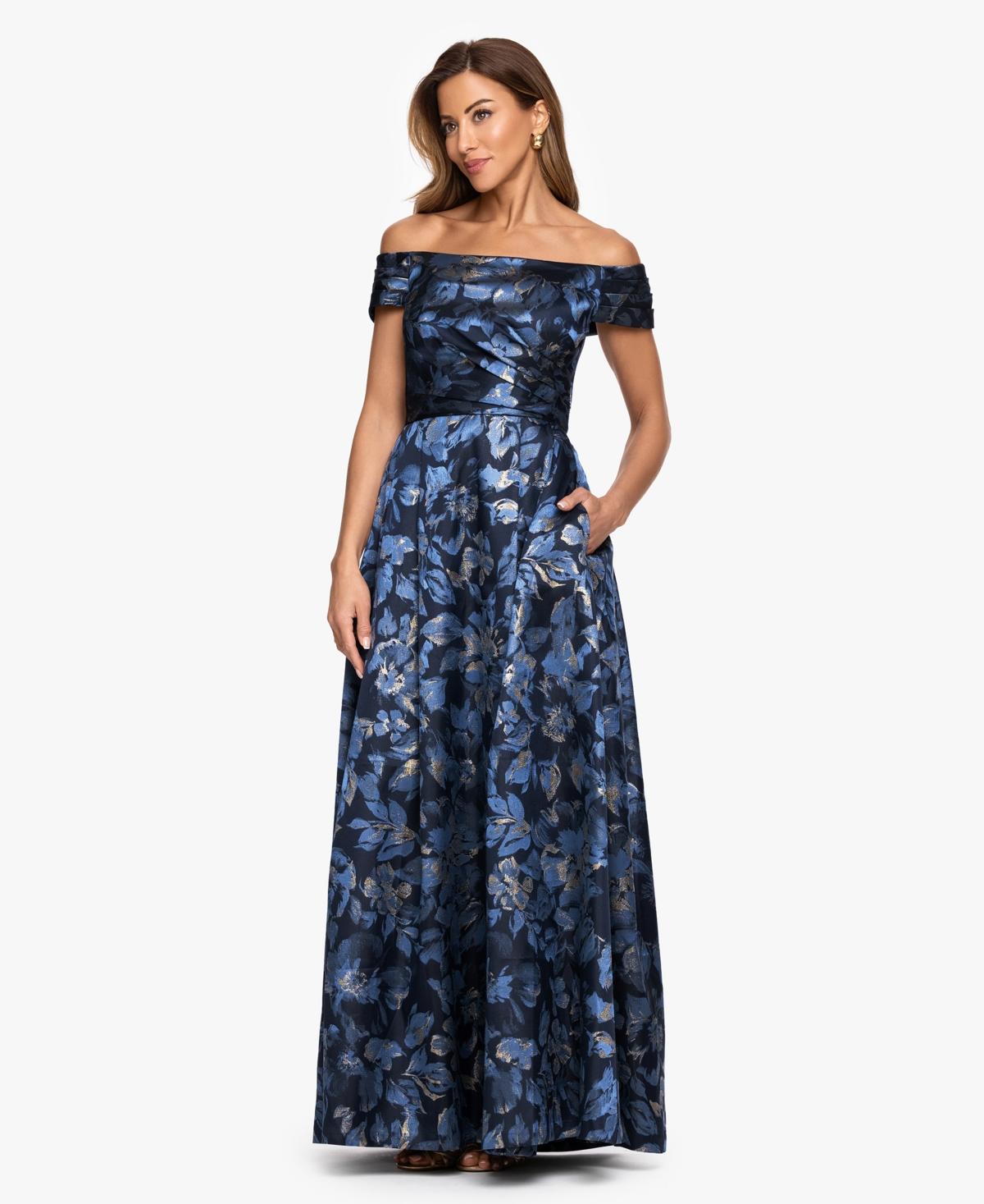slim fit dress slacks Xscape Evenings Floral Off the Shoulder Dress 6341X main image 1