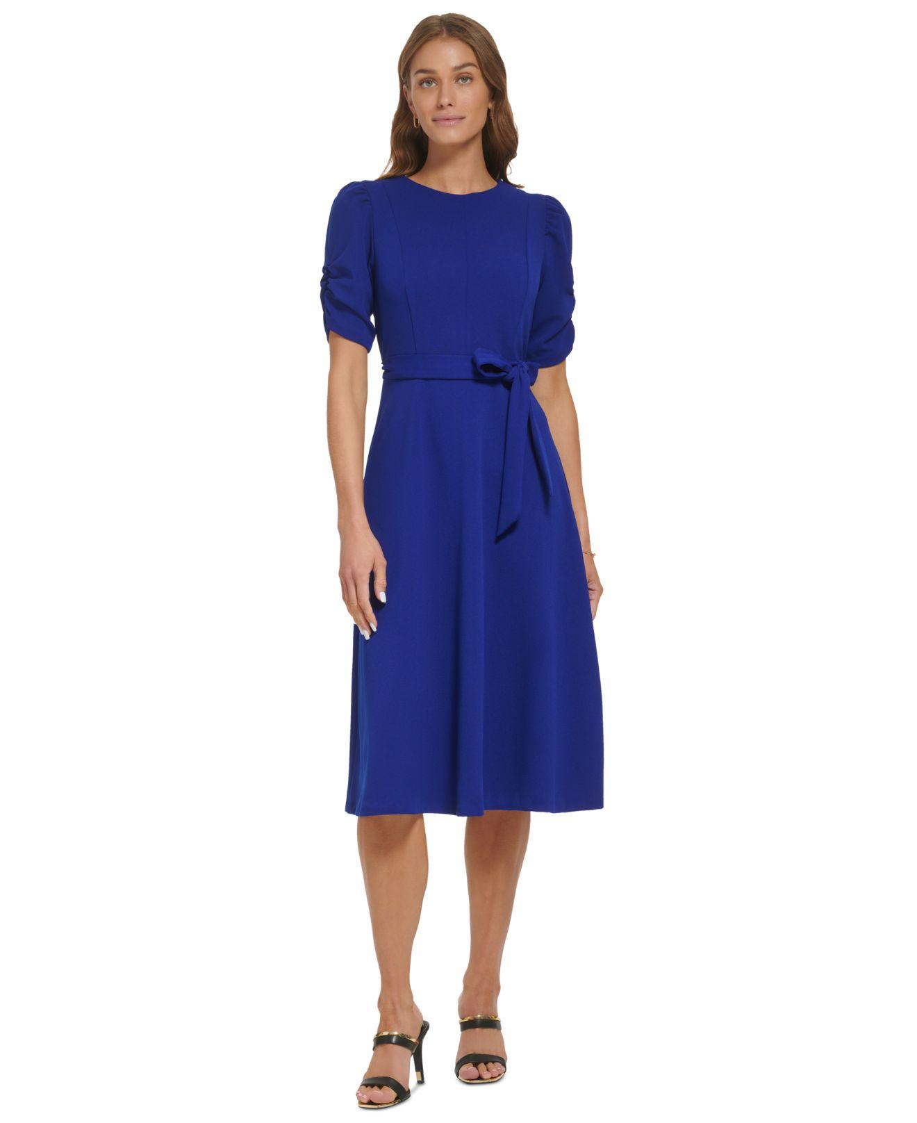 DKNY Ruched-sleeve Midi Dress in Blue | Lyst