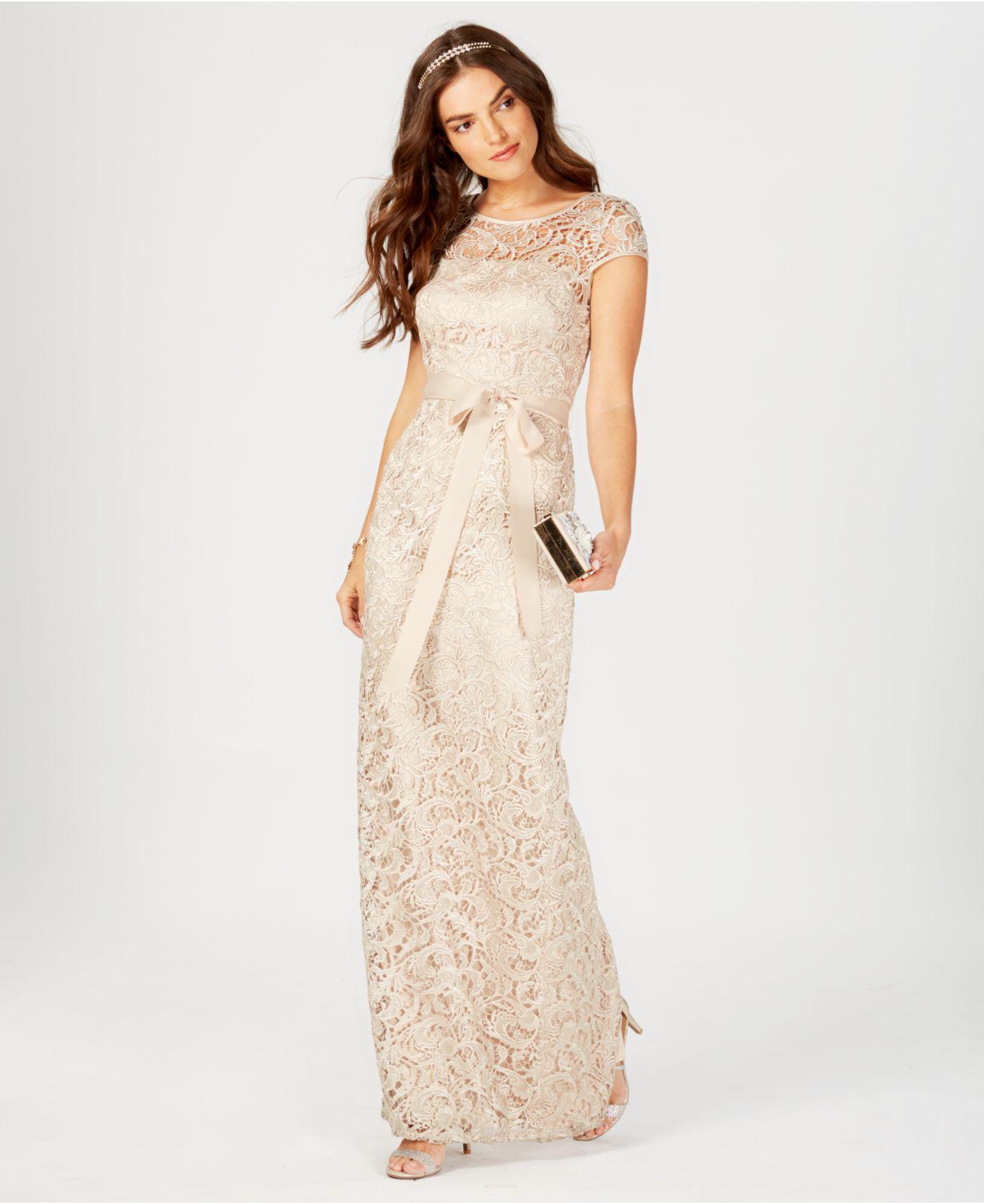 Adrianna Papell Lace Cap-Sleeve Gown in Almond (Natural) - Lyst