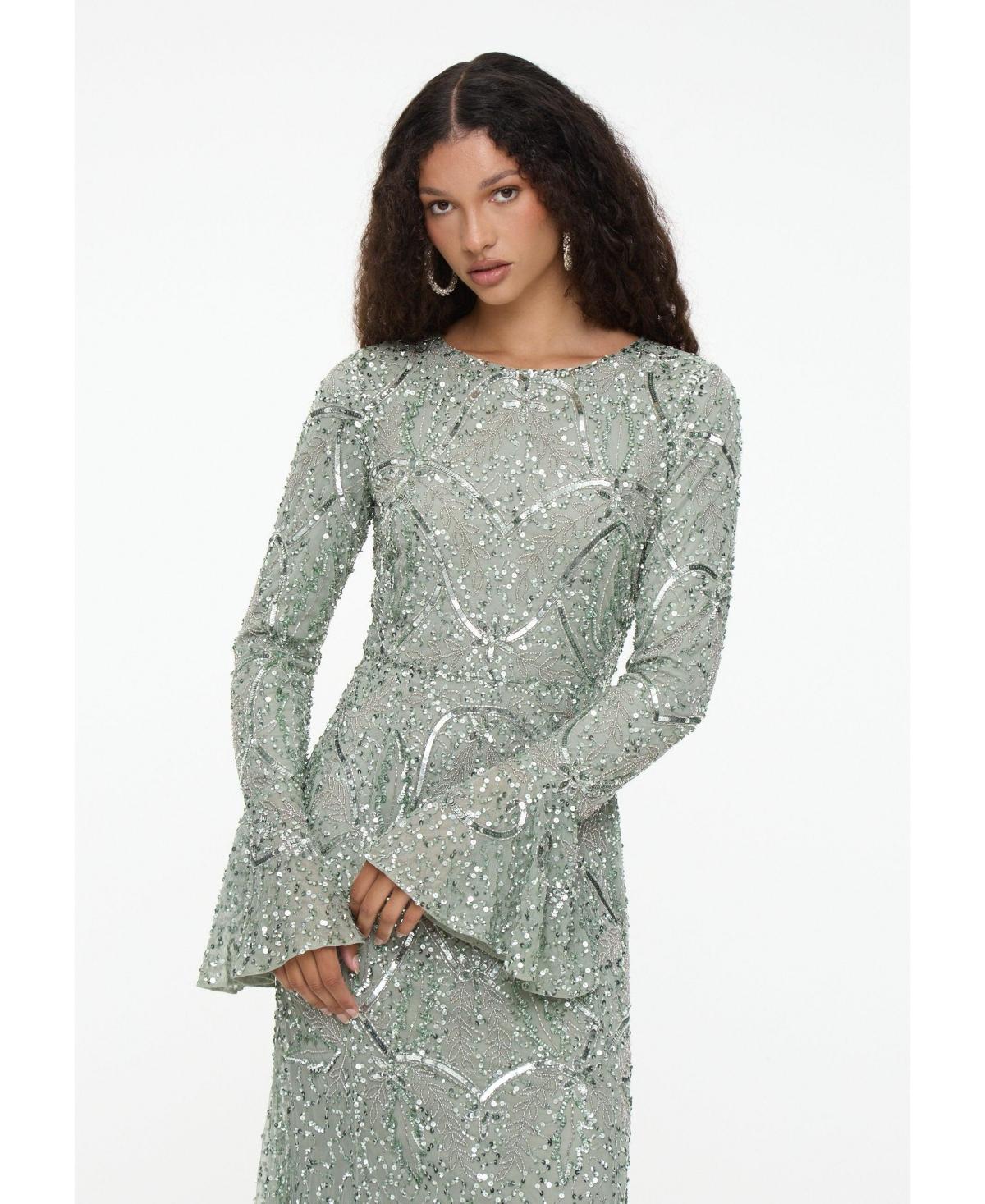 MARYISA Modest Embellished Sequin Beaded Dress Maxi With Ribbon On Sleeves in Green | Lyst MARYISA Modest Embellished Sequin Beaded Dress Maxi With Ribbon On Sleeves in Green | Lyst