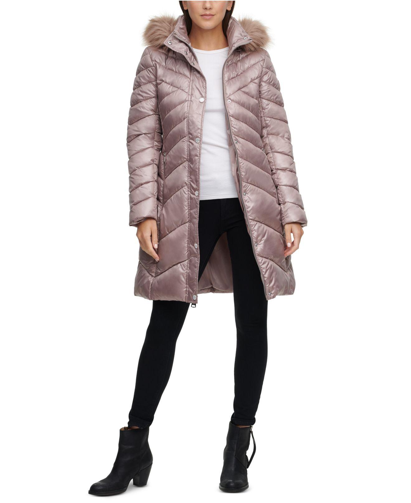 kenneth cole new york hooded puffer coat with faux fur trim