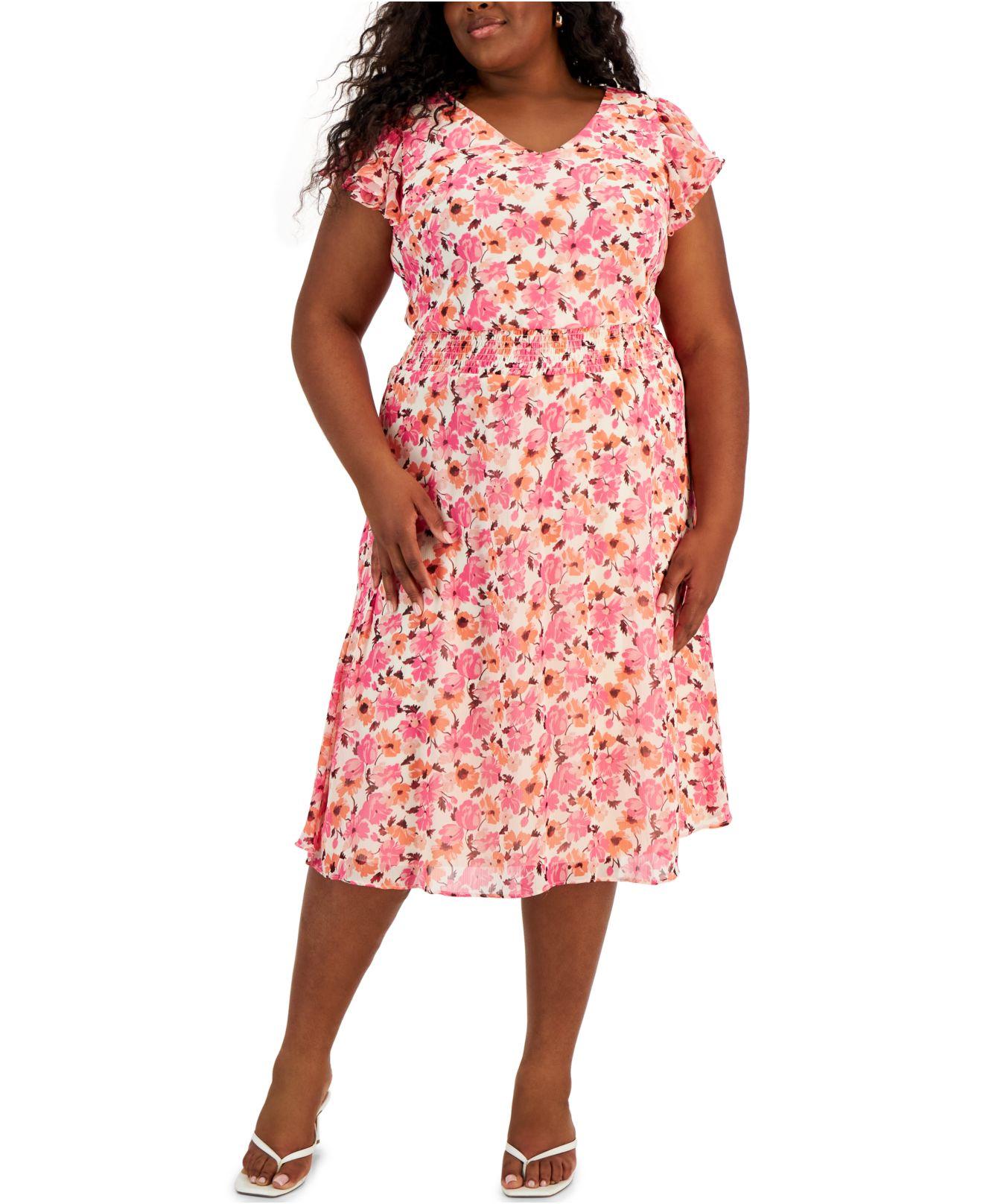 Msk Plus Size Floral-print Flutter-sleeve Midi Dress in Pink | Lyst