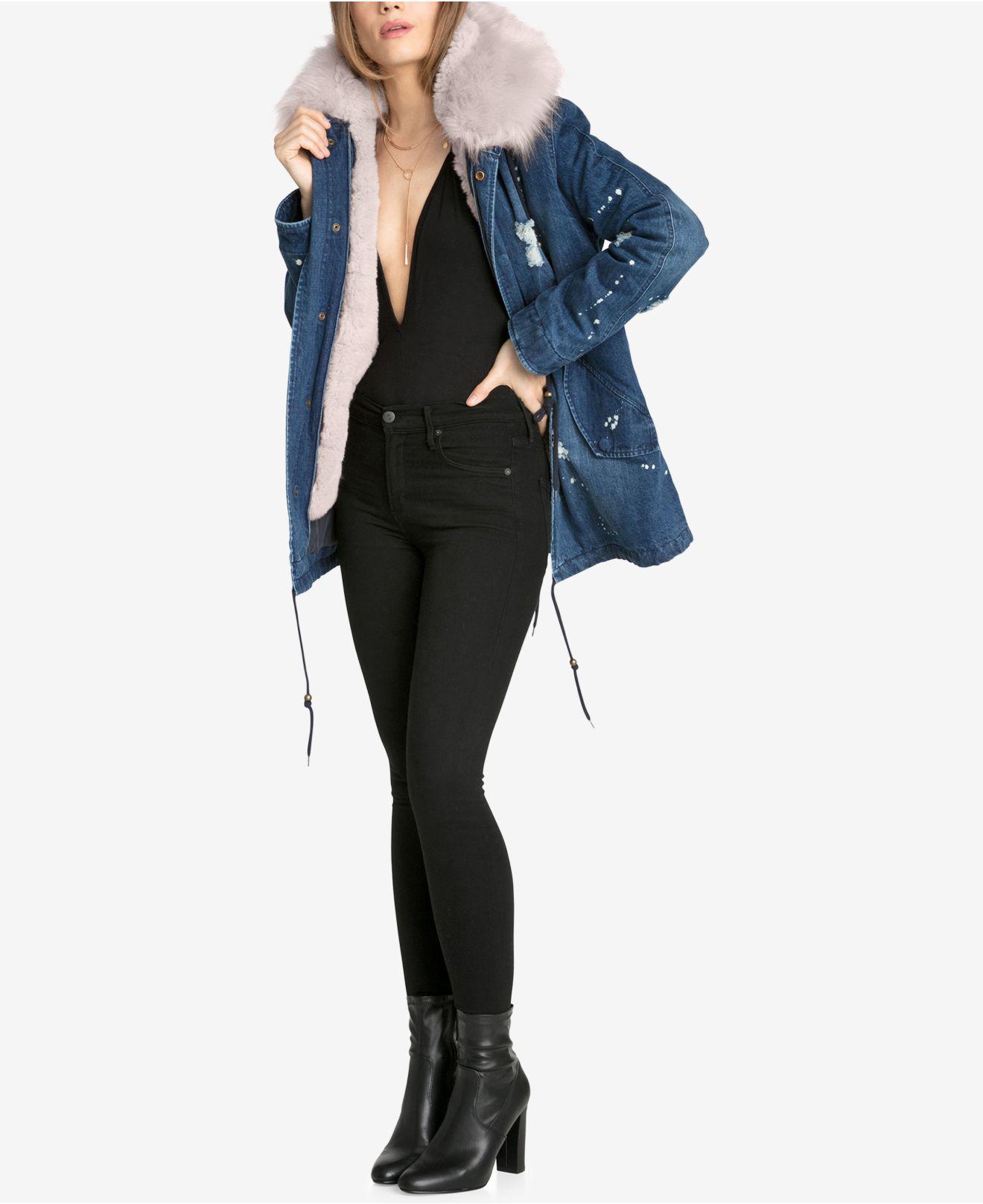 avec les filles faux fur trim denim parka