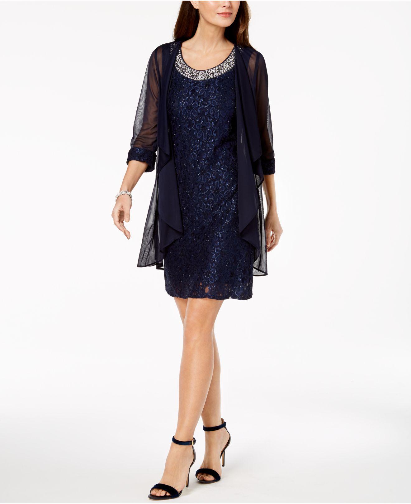 R & M Richards Petite Glitter Lace Dress & Waterfall Jacket in Navy