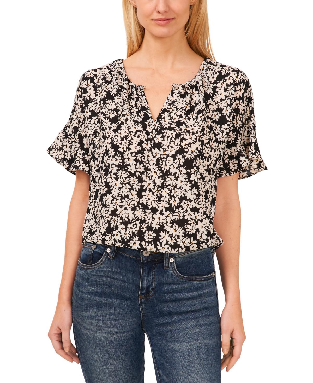 Cece Floral Print Split Neck Ruffled Cuff Top in Black Lyst