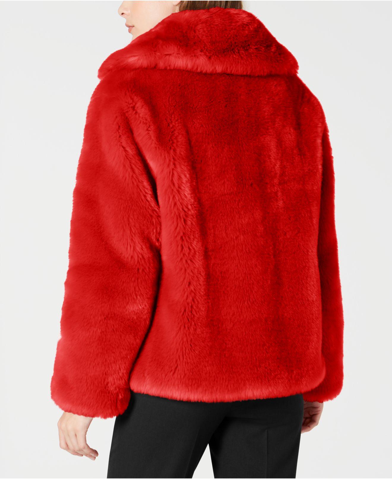 red cropped fur jacket