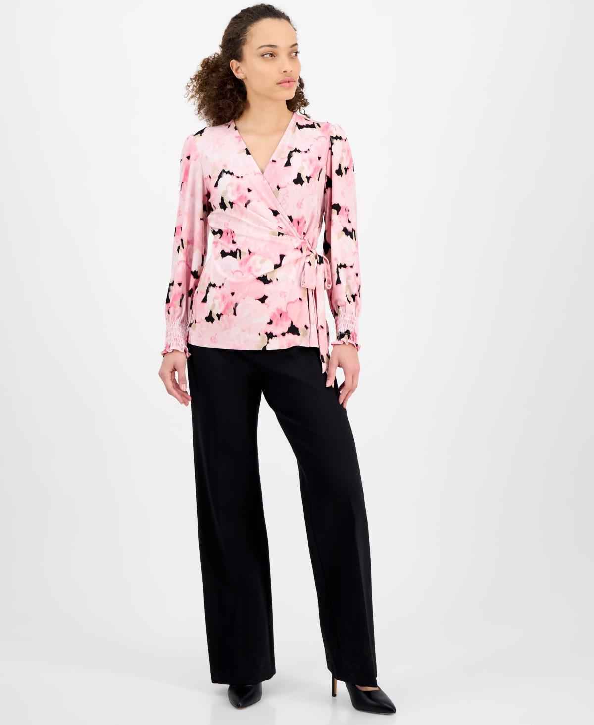 売れ筋商品|||アンクライン カットソー トップス レディース Petite Watercolor-Print Smocked-Cuff Wrap Top Peony Pink Multi Anne Klein Petite Watercolor-print Smocked-cuff Wrap Top in