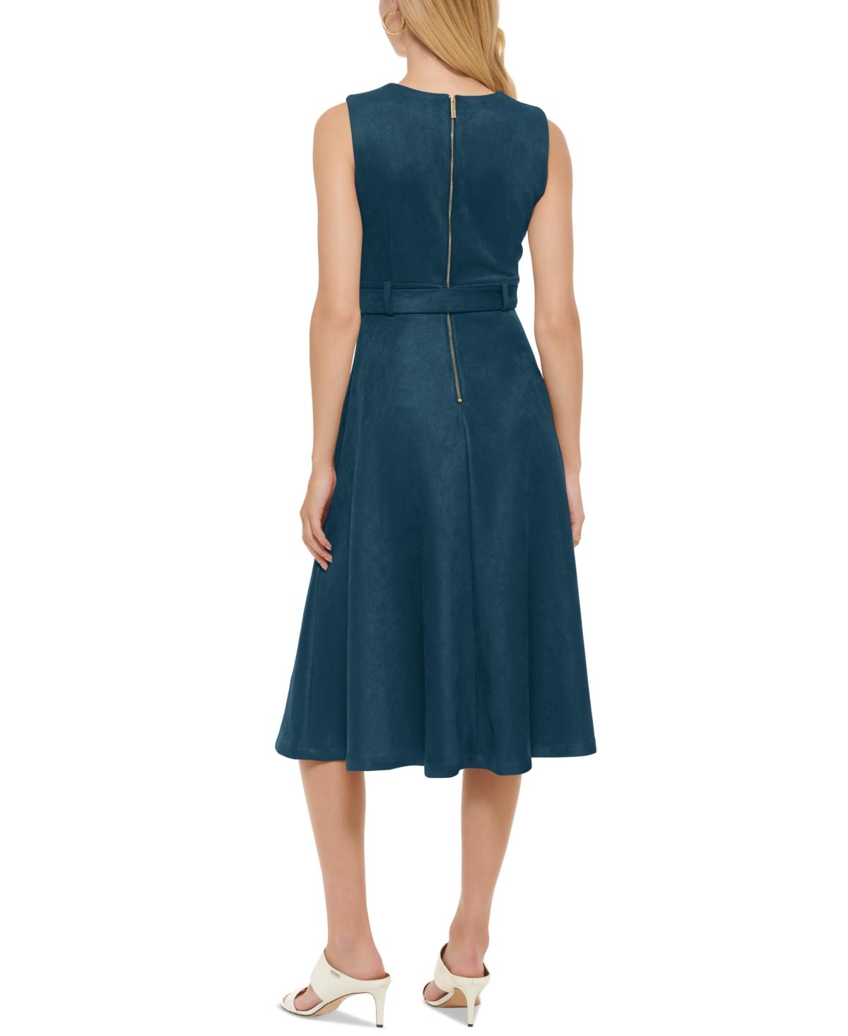 calvin klein blue suede dress Faux-suede Belted Midi in Purple flattering sheath dress