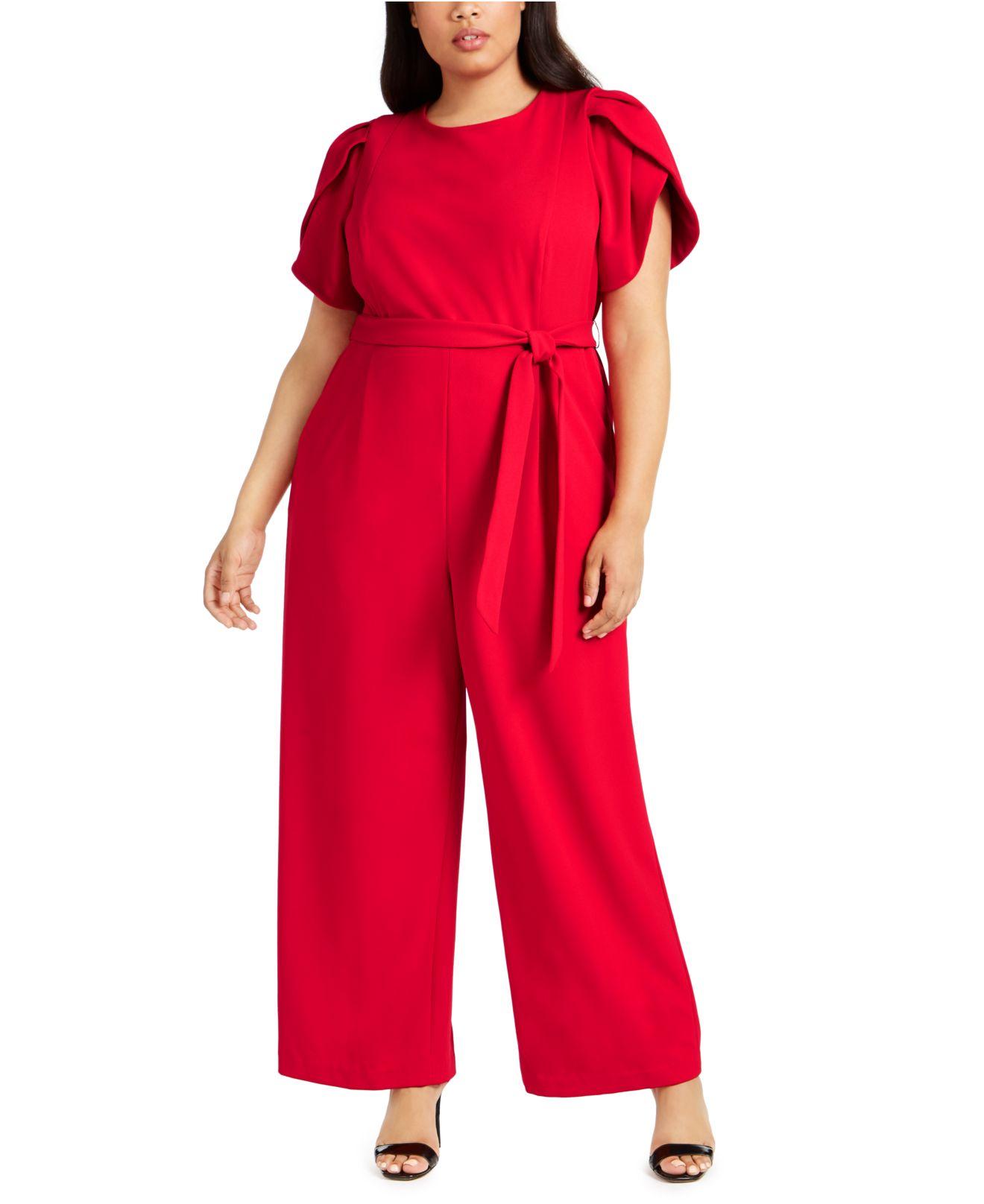 Calvin Klein Plus Size Tulip-sleeve Belted Jumpsuit in Red | Lyst