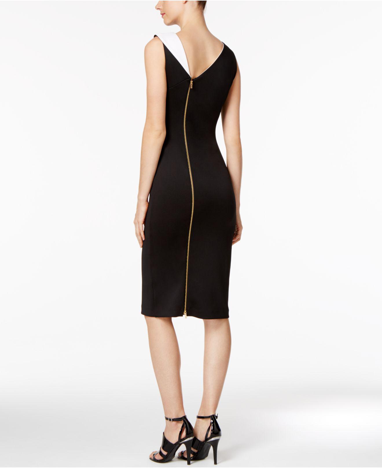 Calvin Klein Contrast Collar Midi Sheath Dress in Black | Lyst