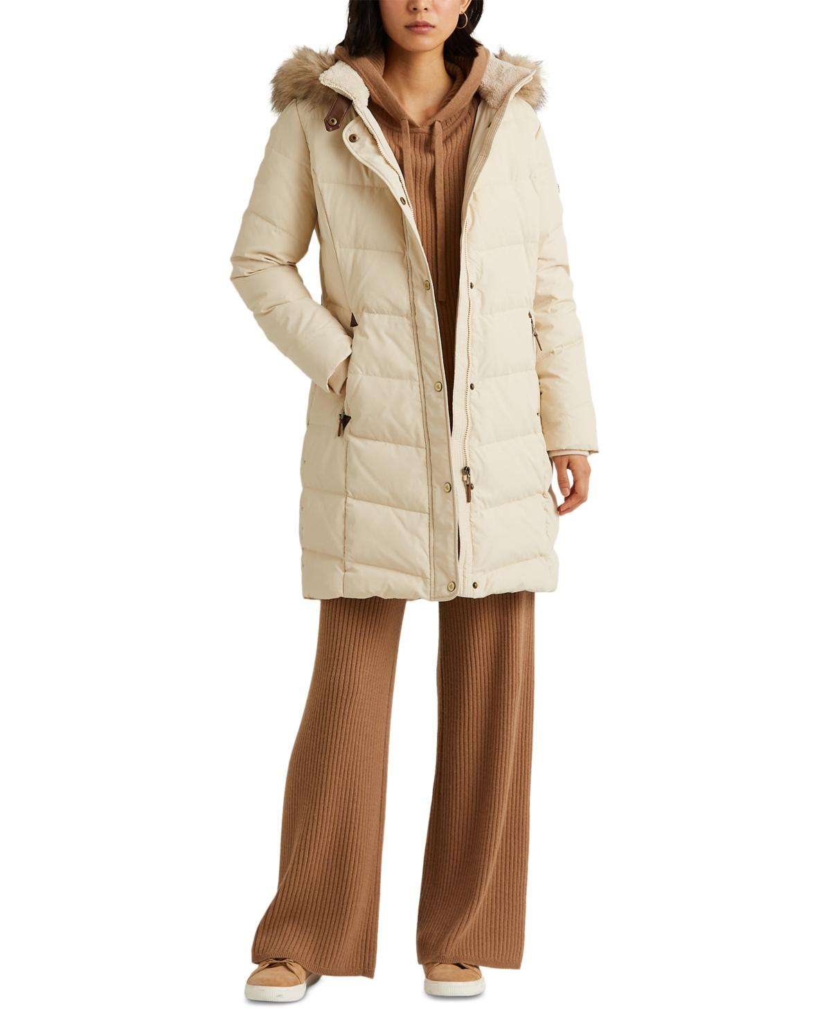Lauren by Ralph Lauren Faux-fur-trim Hooded Puffer Coat in Natural | Lyst