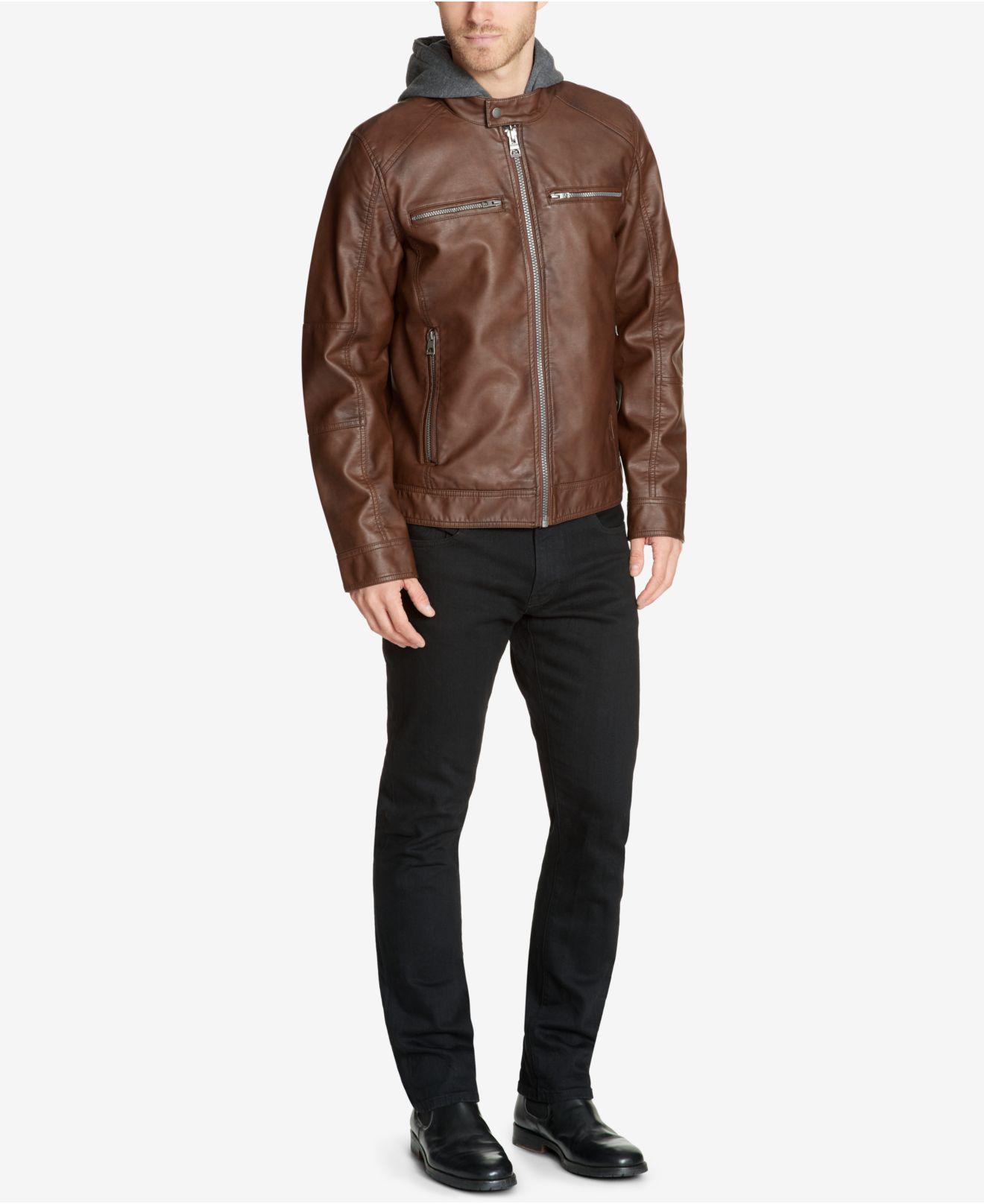 Guess Men's Faux-leather Detachable-hood Motorcycle Jacket in Brown for