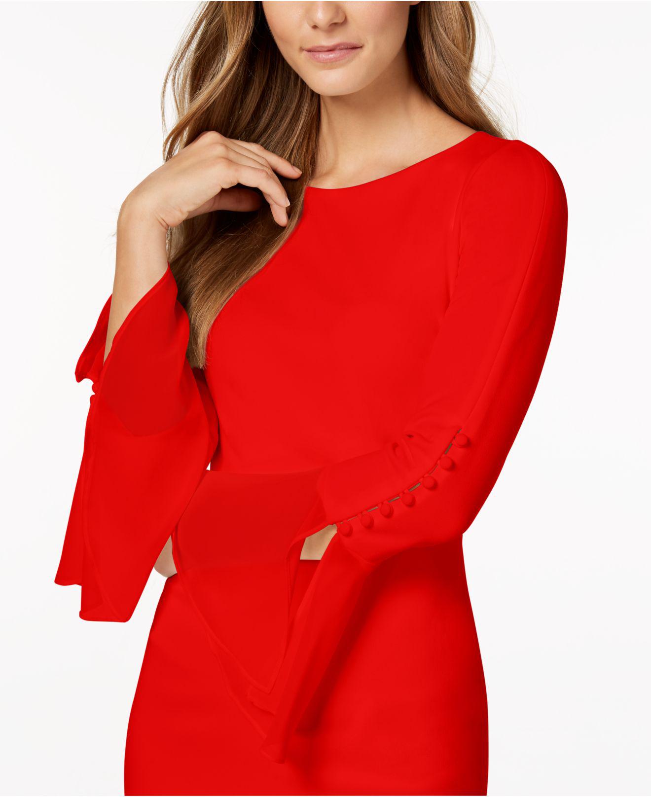 Calvin Klein Chiffon-bell-sleeve Sheath Dress in Red | Lyst