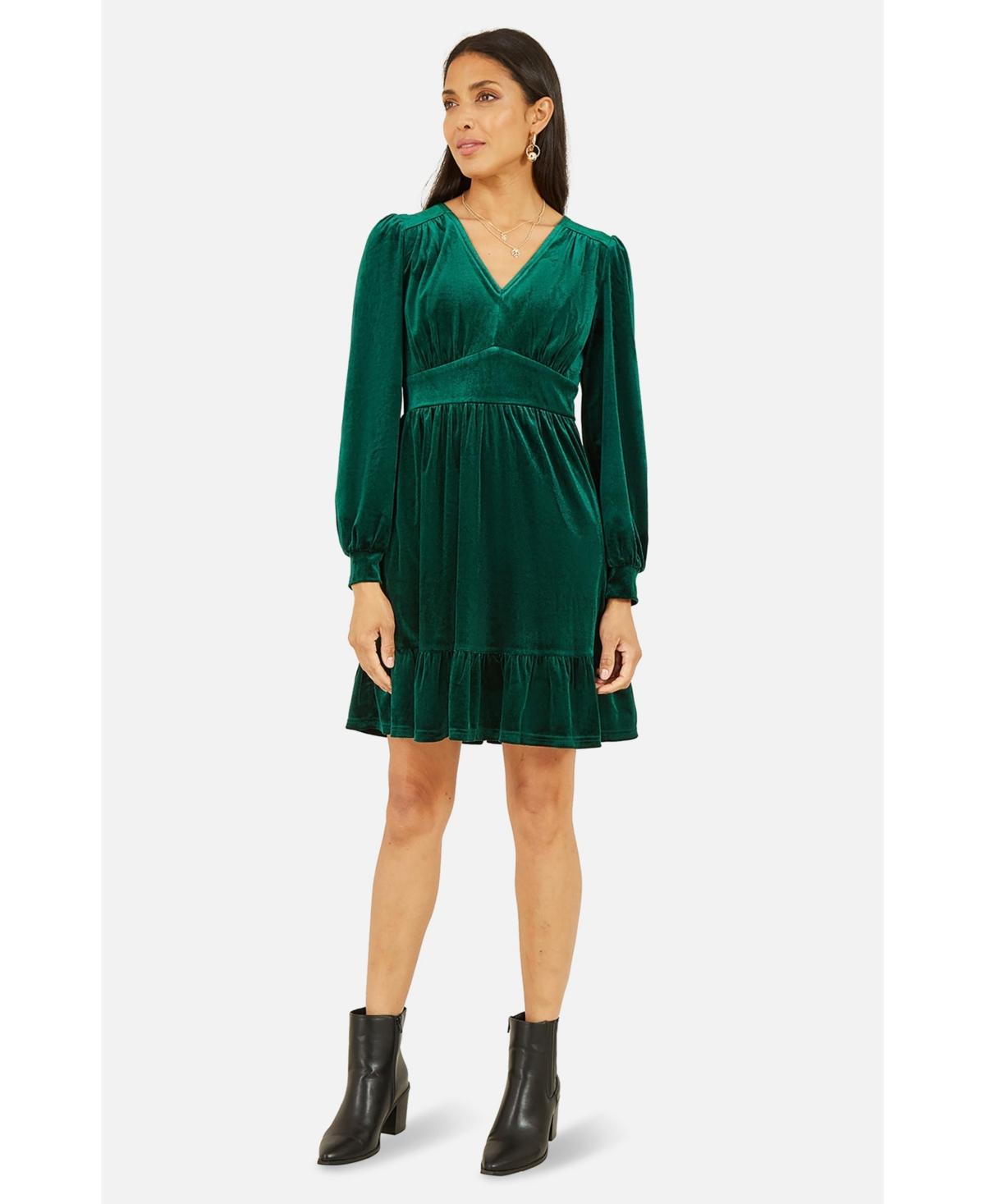 dark green long sleeve skater dress Women's Dress Deep V-Neck Long Sleeve Waist Tie Ruffle Mini Swing Skater Dresses - Dark green