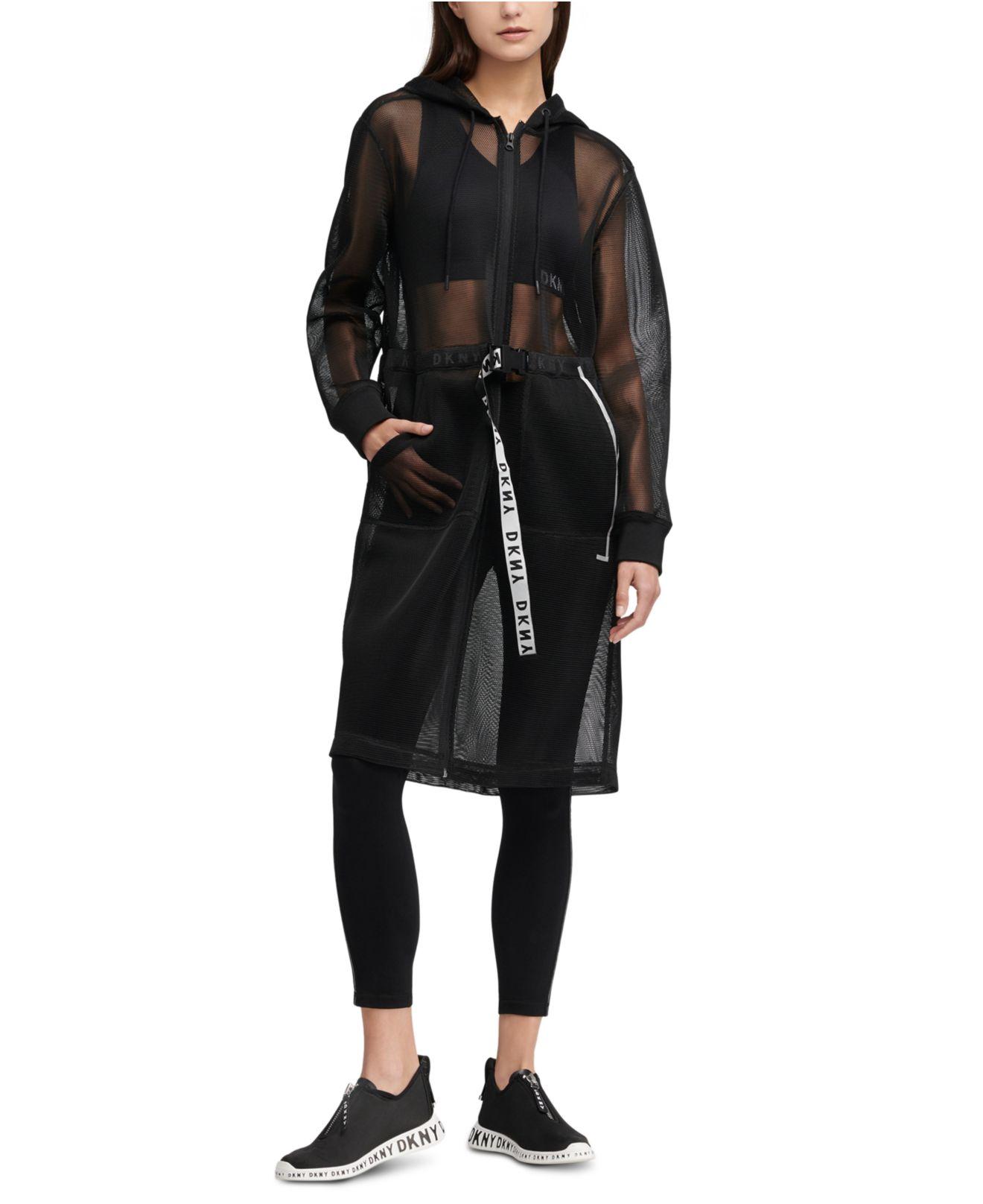 DKNY Sport Hooded Long Mesh Jacket in Black | Lyst