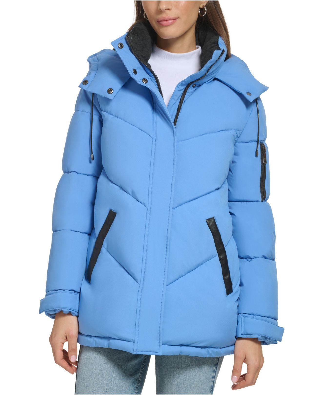 DKNY Women's Blue Long Puffer Jacket With Removeable Hood