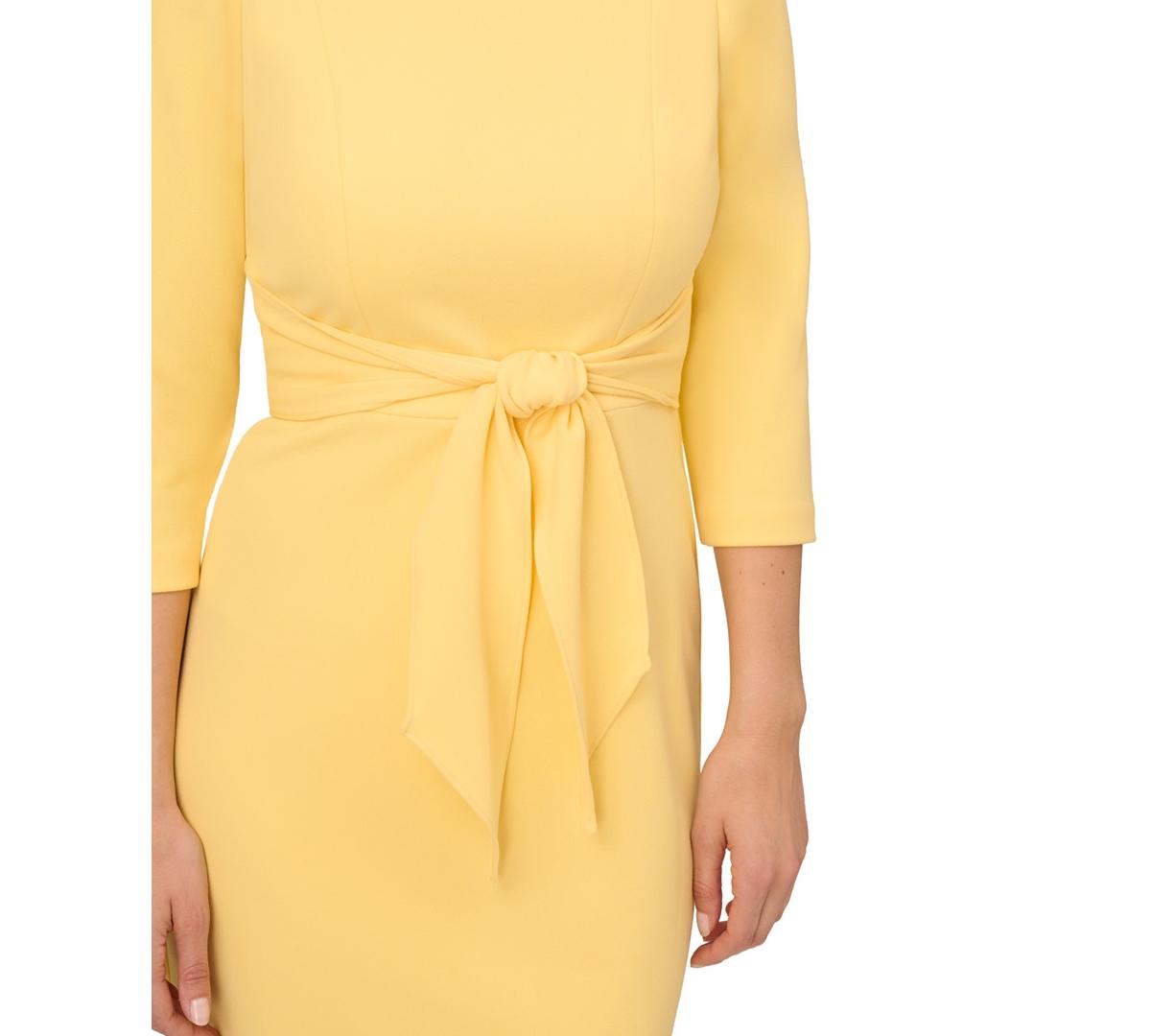 【海外限定】AdriannaPapell ドレス☆Yellow Knit Crepe Tie Wai Adrianna Papell Crepe Tie-waist 3/4-sleeve Sheath Dress in