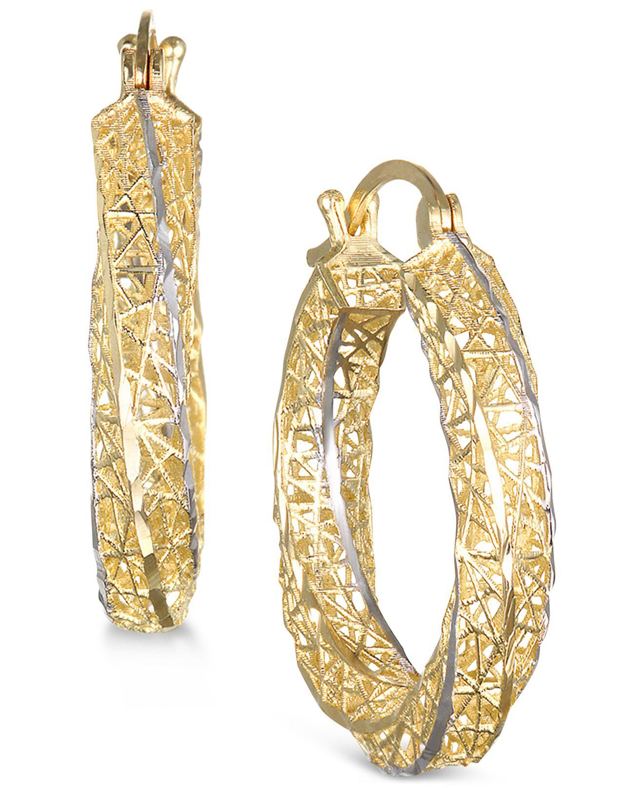 Macys Two Tone 3d Printed Filigree Hoop Earrings In 10k Gold In Metallic Lyst