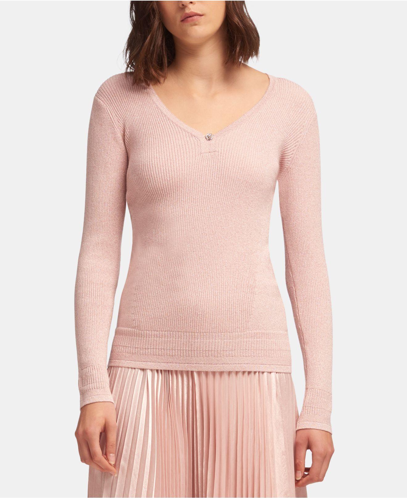 Lyst - DKNY Rhinestone V-neck Sweater in Pink