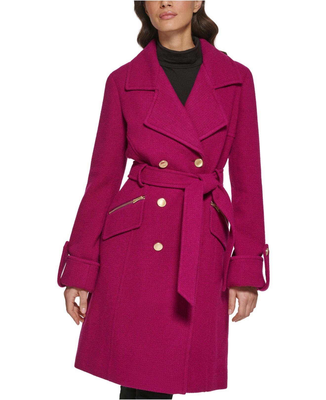 Guess Double Breasted Belted Wool Blend Coat In Magenta At