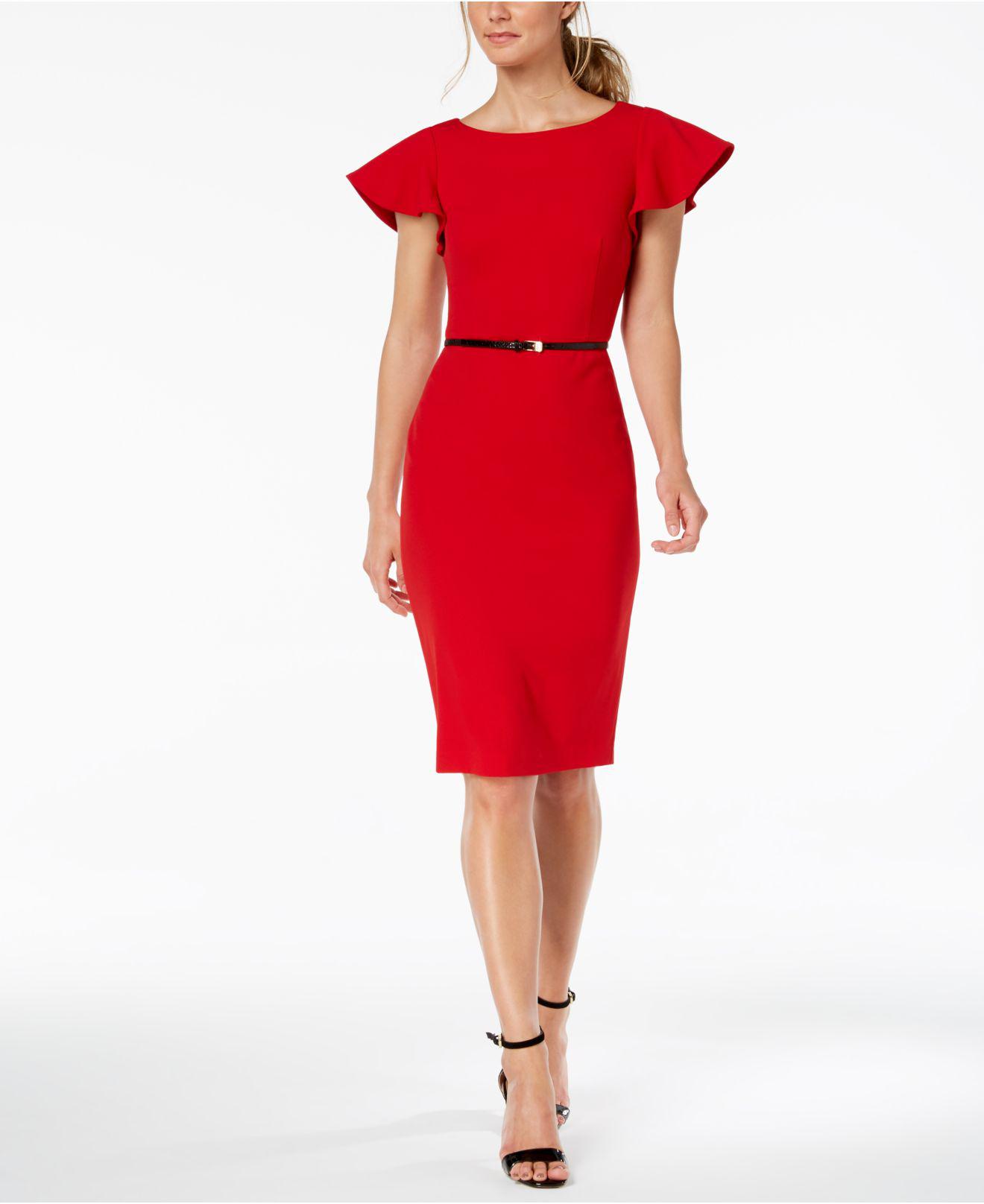 Calvin Klein Belted Ruffle-sleeve Sheath Dress in Red | Lyst