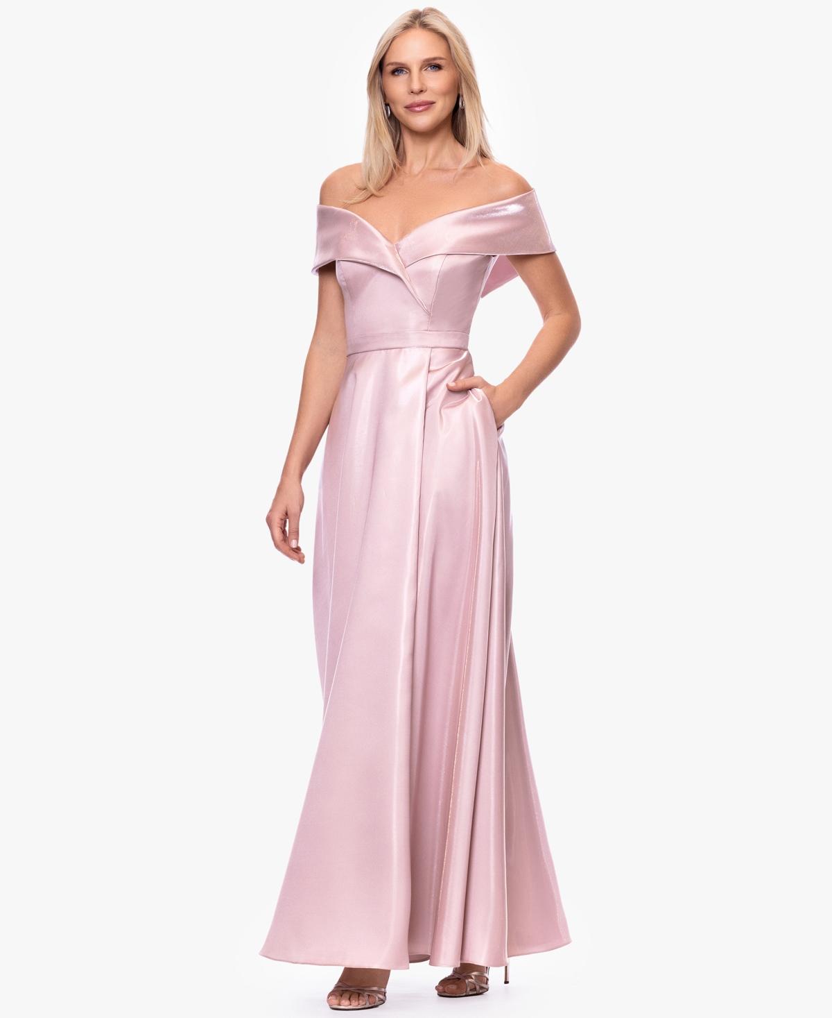 xscape a line dresses Kelandra Satin Collared V-Neck Long Sleeve Dress