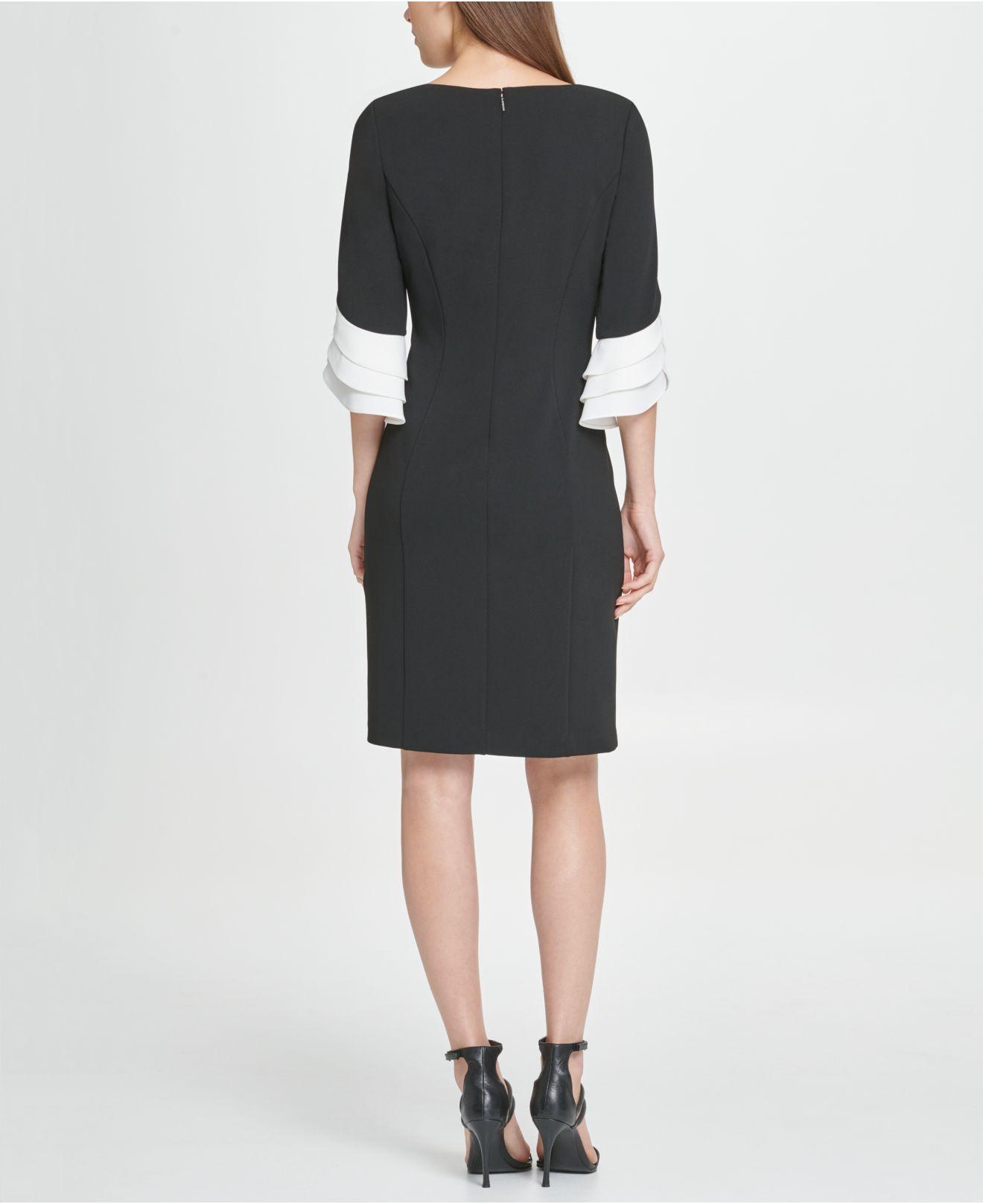 DKNY Synthetic Triple Ruffle Sleeve Sheath Dress in Black/Ivory 