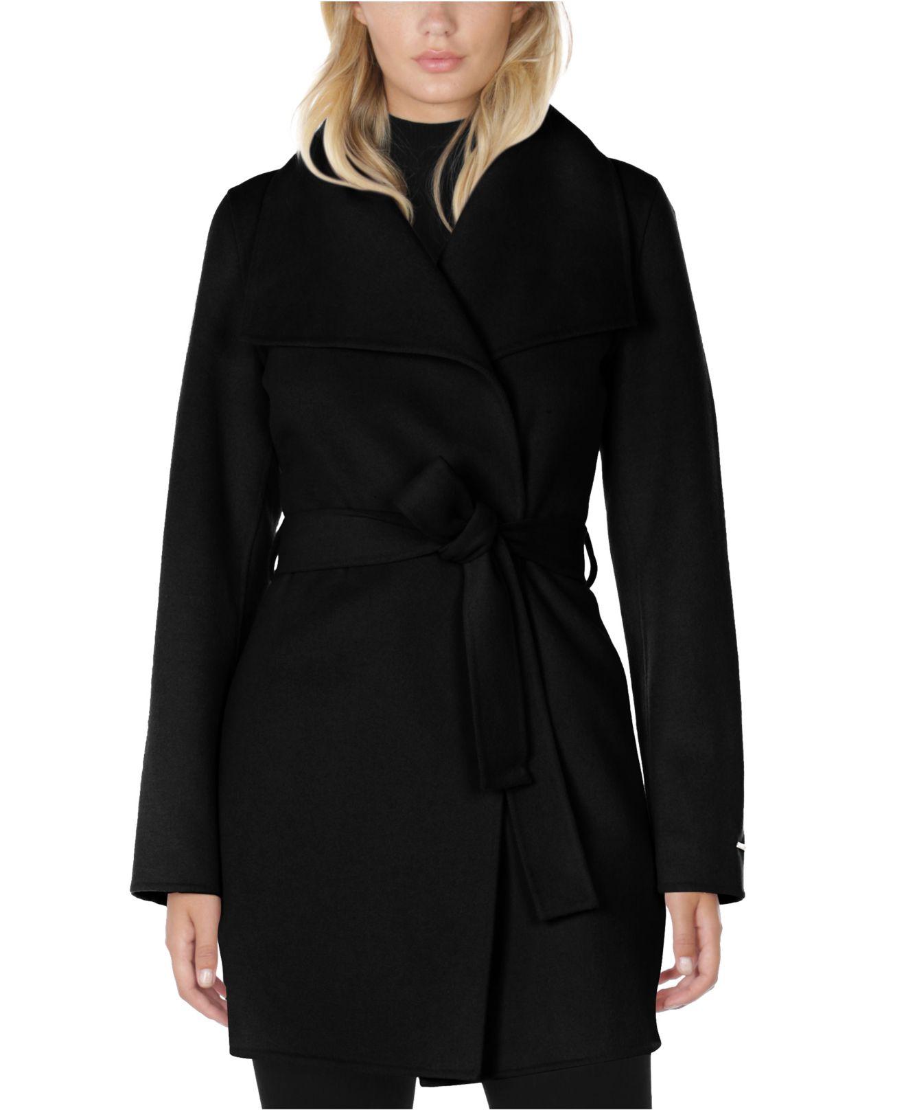 Tahari Wool Ella Double Face Belted Wrap Coat in Black - Lyst
