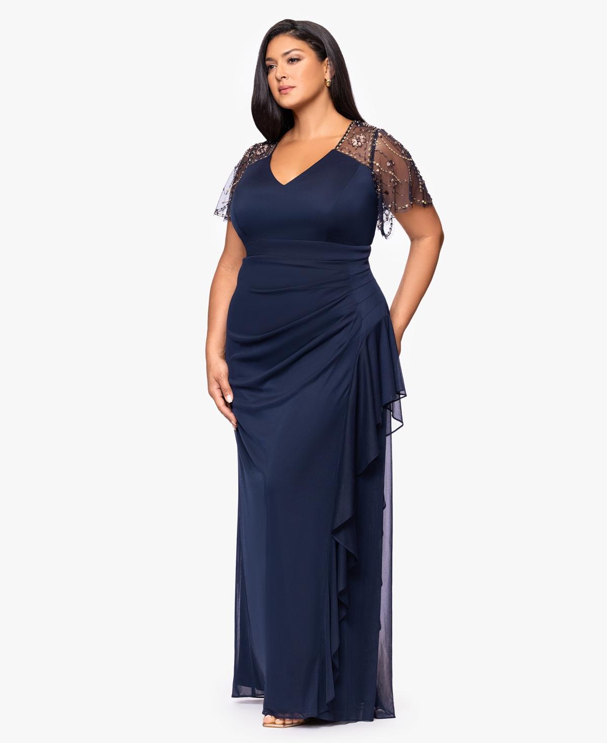 Xscape Plus Size Beaded Flutter Short Sleeves Sheath Dress in Blue | Lyst