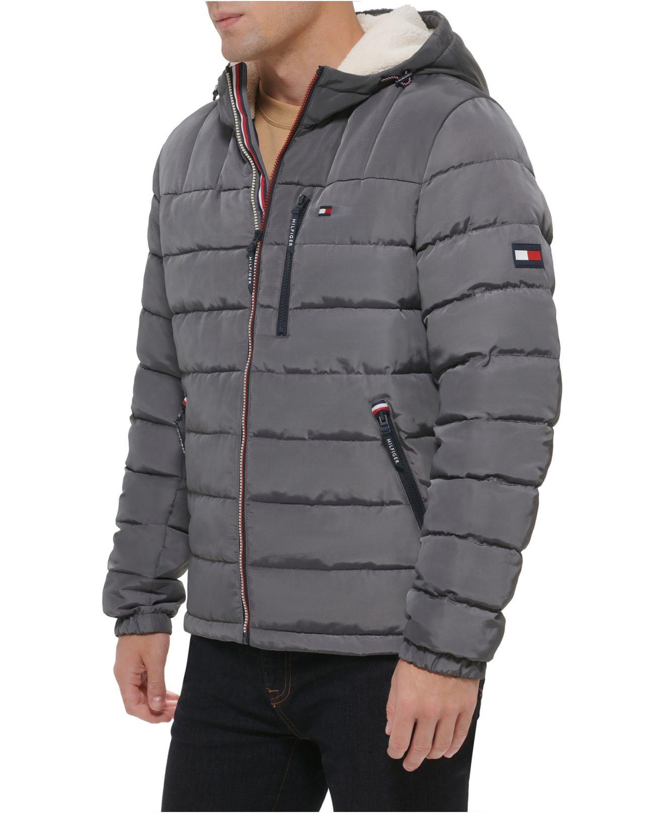 Tommy Hilfiger Sherpa Lined Hooded Quilted Puffer Jacket in Gray for Men |  Lyst