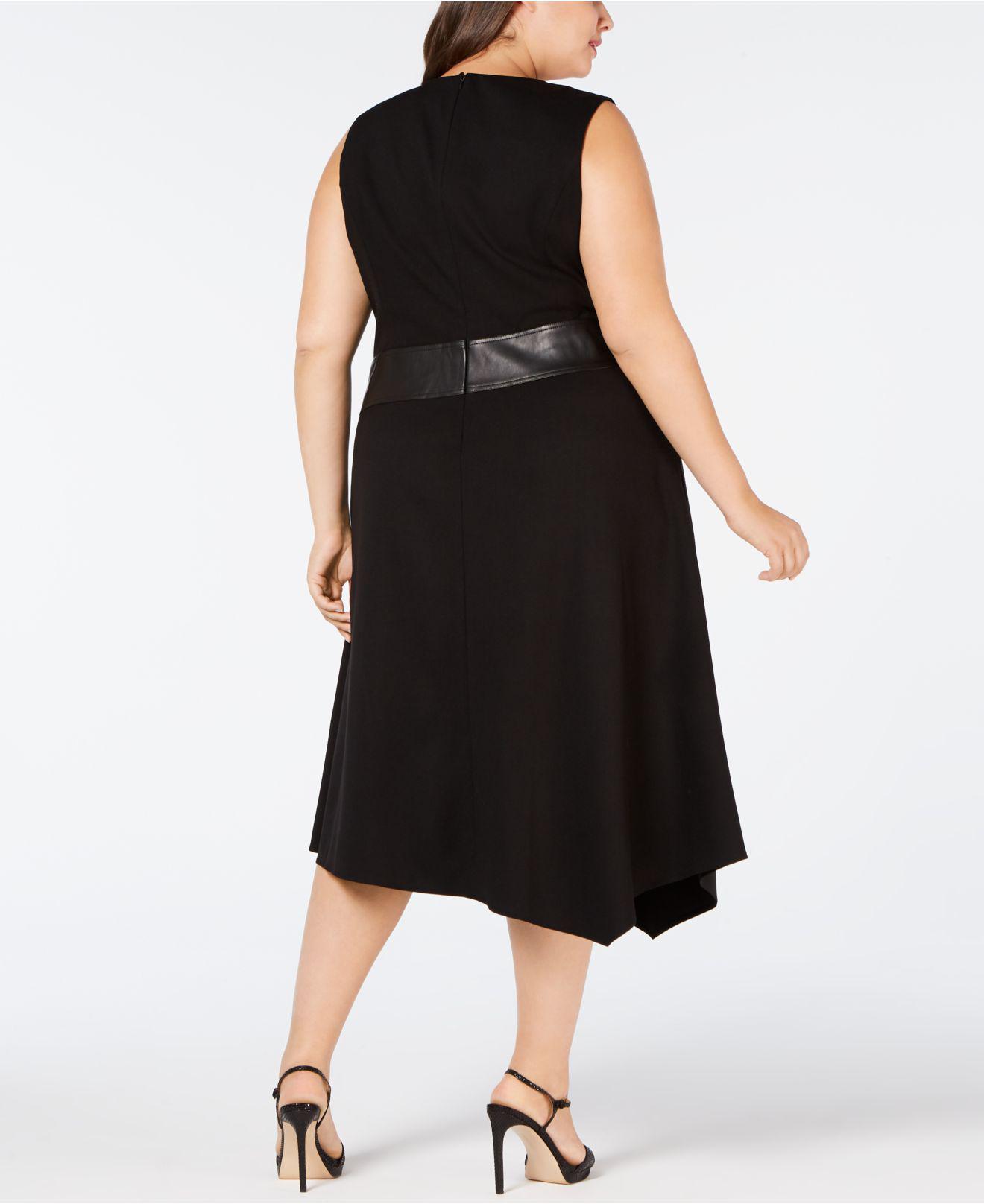 Calvin Klein Plus Size Lux Dress With Belt And Faux Leather (black) Dress - Lyst