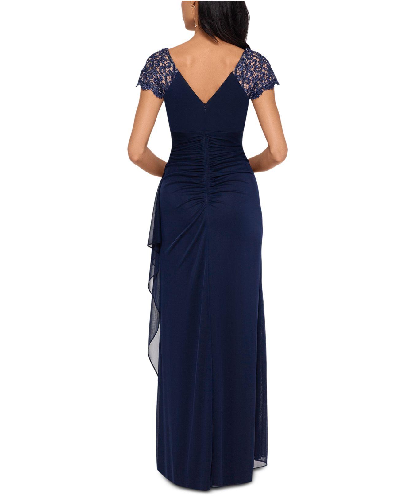 xscape pleated mock neck chiffon gown