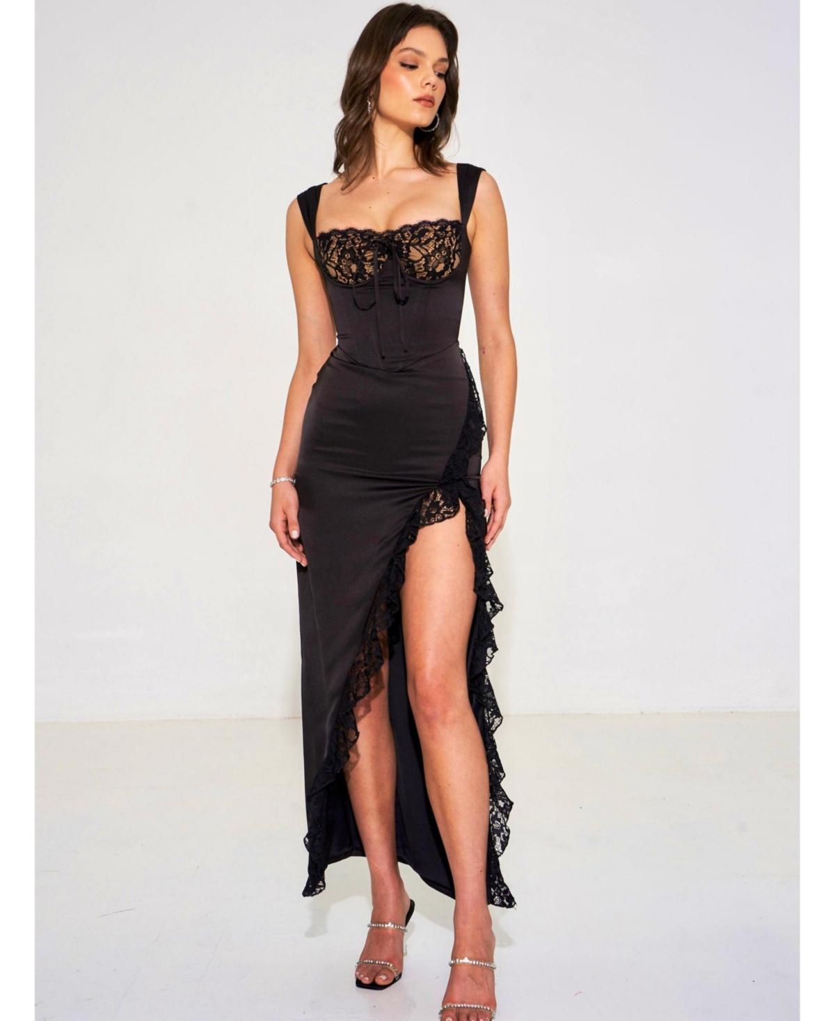 corset dress macys Miss Circle Freddie Lace Satin Maxi in Blue COLOR:Martini Olive ✧♡ Early 2000's Y2k Fit: Classic corset prom dress Style Keywords