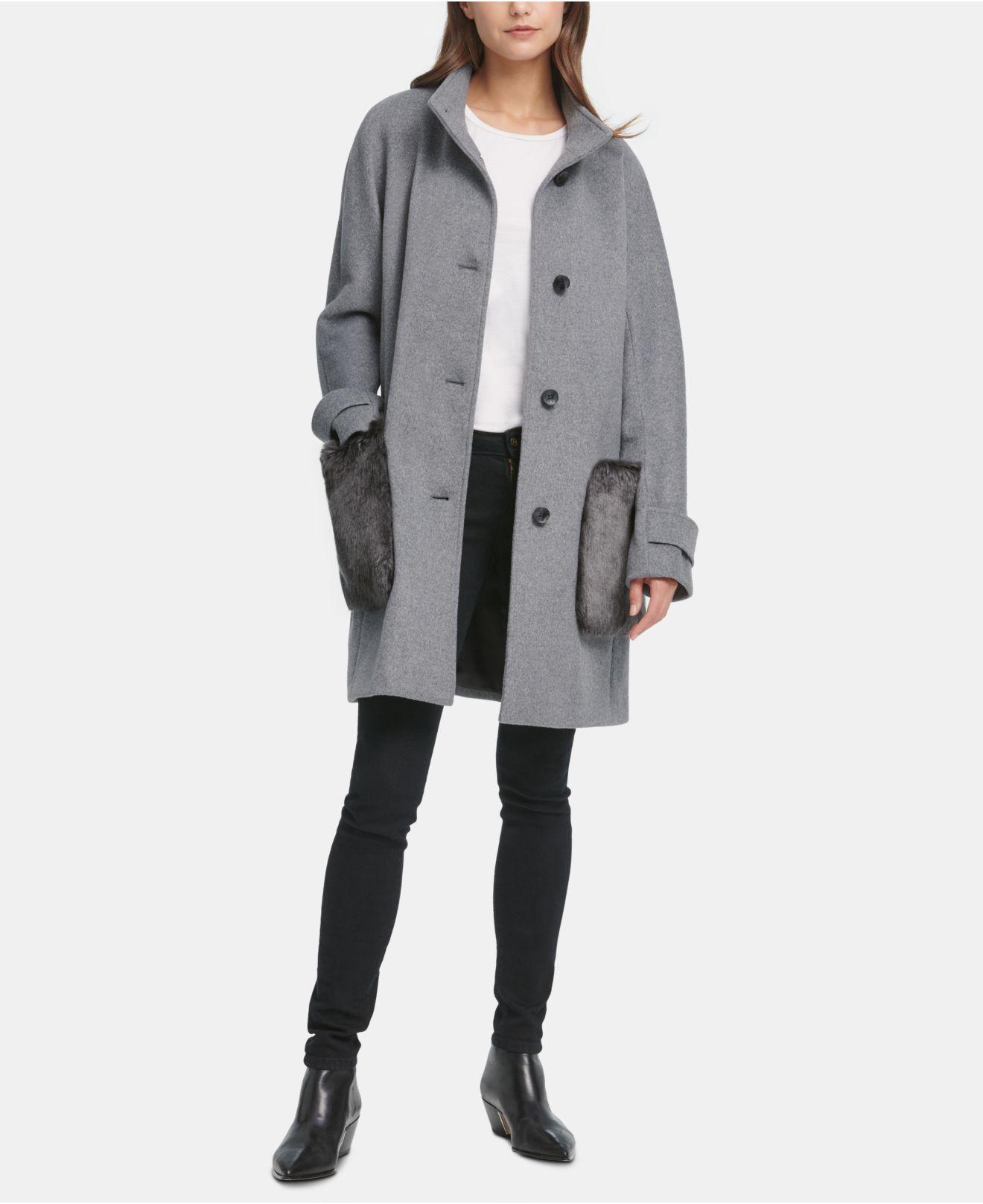 DKNY Faux-fur-pocket Walker Coat in Light Grey (Gray) - Lyst