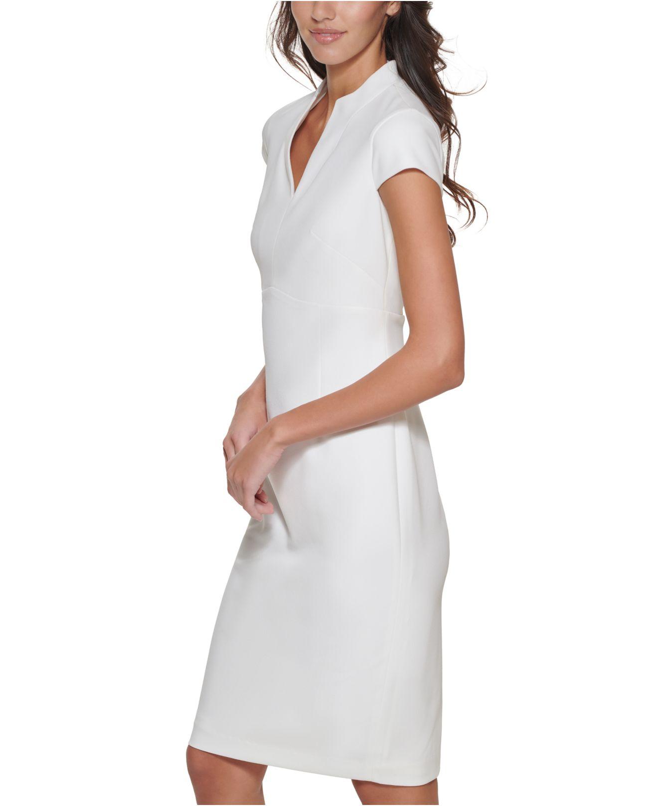 Calvin Klein Cap-sleeve Split-neck Sheath Dress in Natural | Lyst