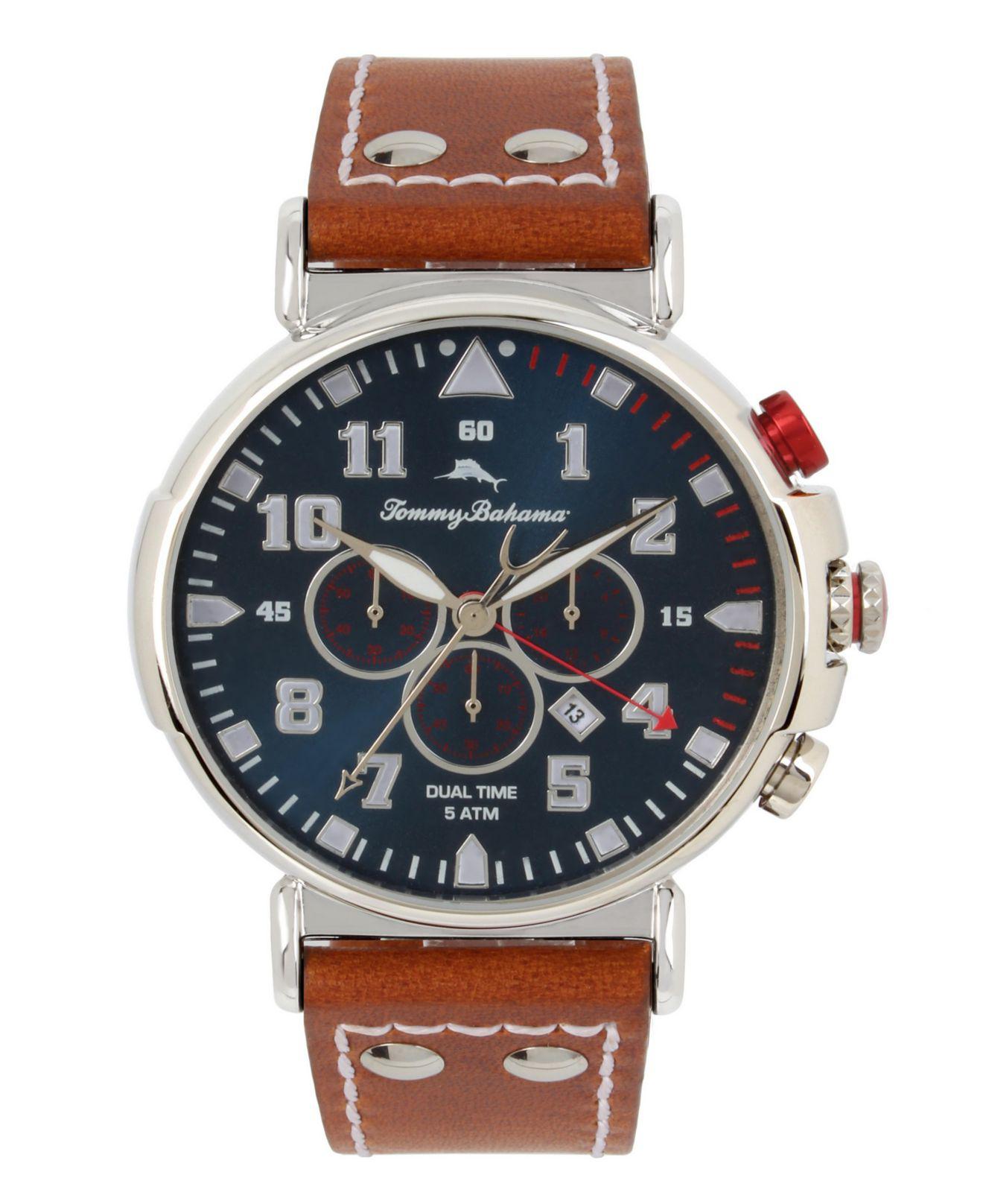 Tommy Bahama Leather Bay View Dual Time Chronograph Watch in Metallic