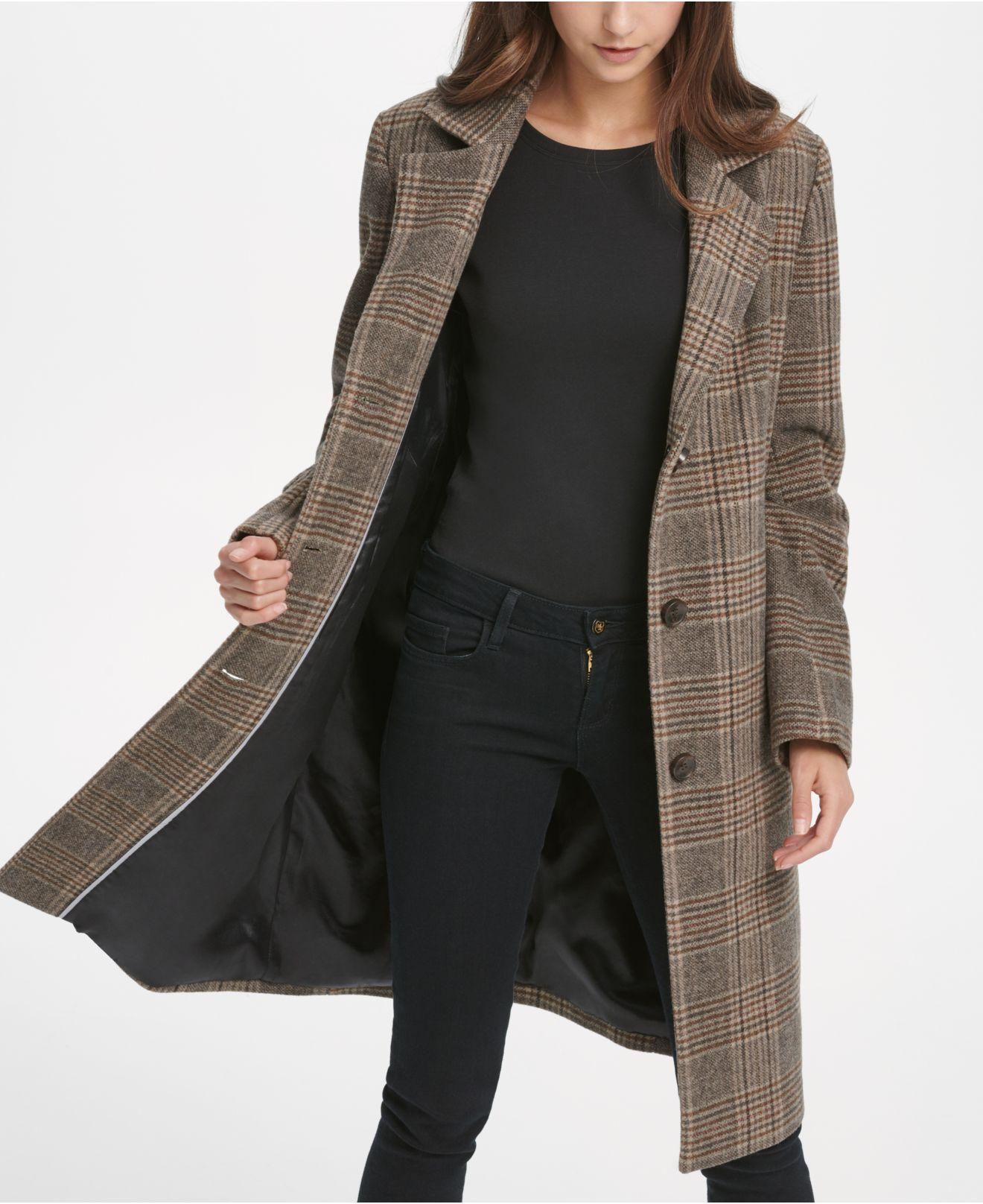 DKNY Wool Petite Faux-leather-trim Plaid Walker Coat, Created For Macy's in  Brown - Lyst