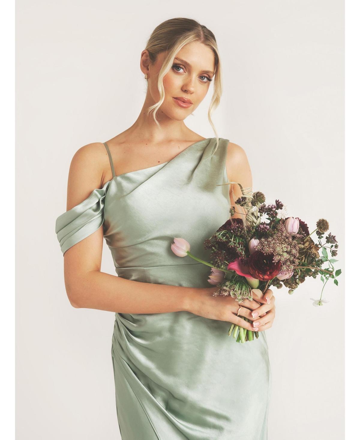 sage green satin asymmetric bardot twist maxi dress PrettyLittleThing Women's Double Layer Slinky Asymmetric Ruched Maxi Dress in Sage