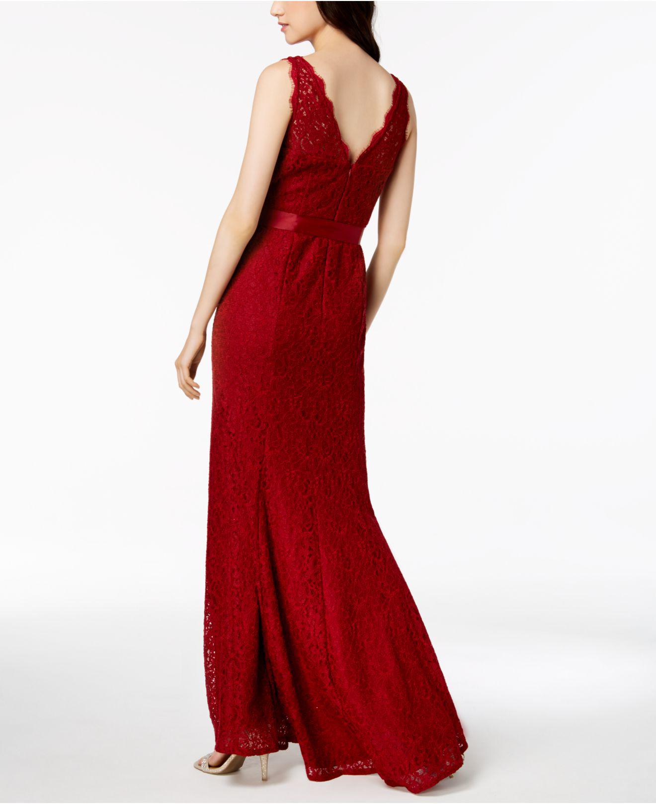 adrianna papell belted lace gown