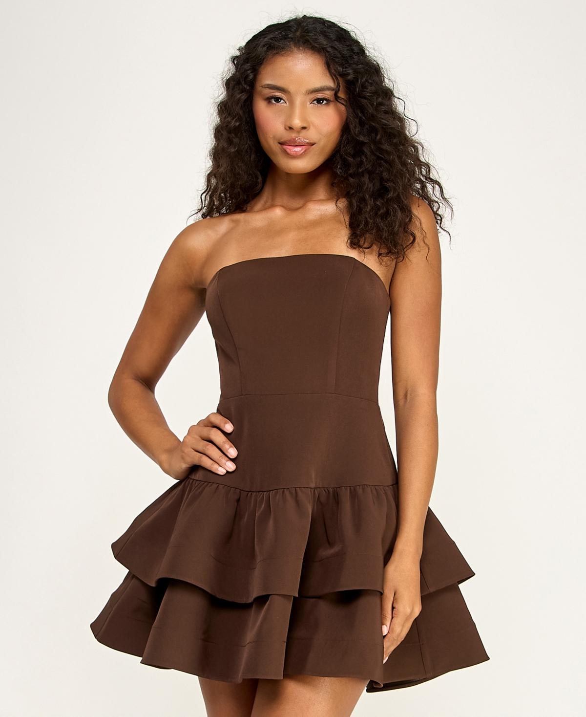 brown strapless drop waist dress Strapless Matte Satin Pleated Drop Waist Dress