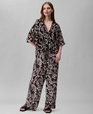 売れ筋商品|||カルバンクライン カットソー トップス レディース Women's Printed Chiffon V-Neck Wrap Top Black Calvin Klein Long-sleeved tops for Women | Online Sale up to