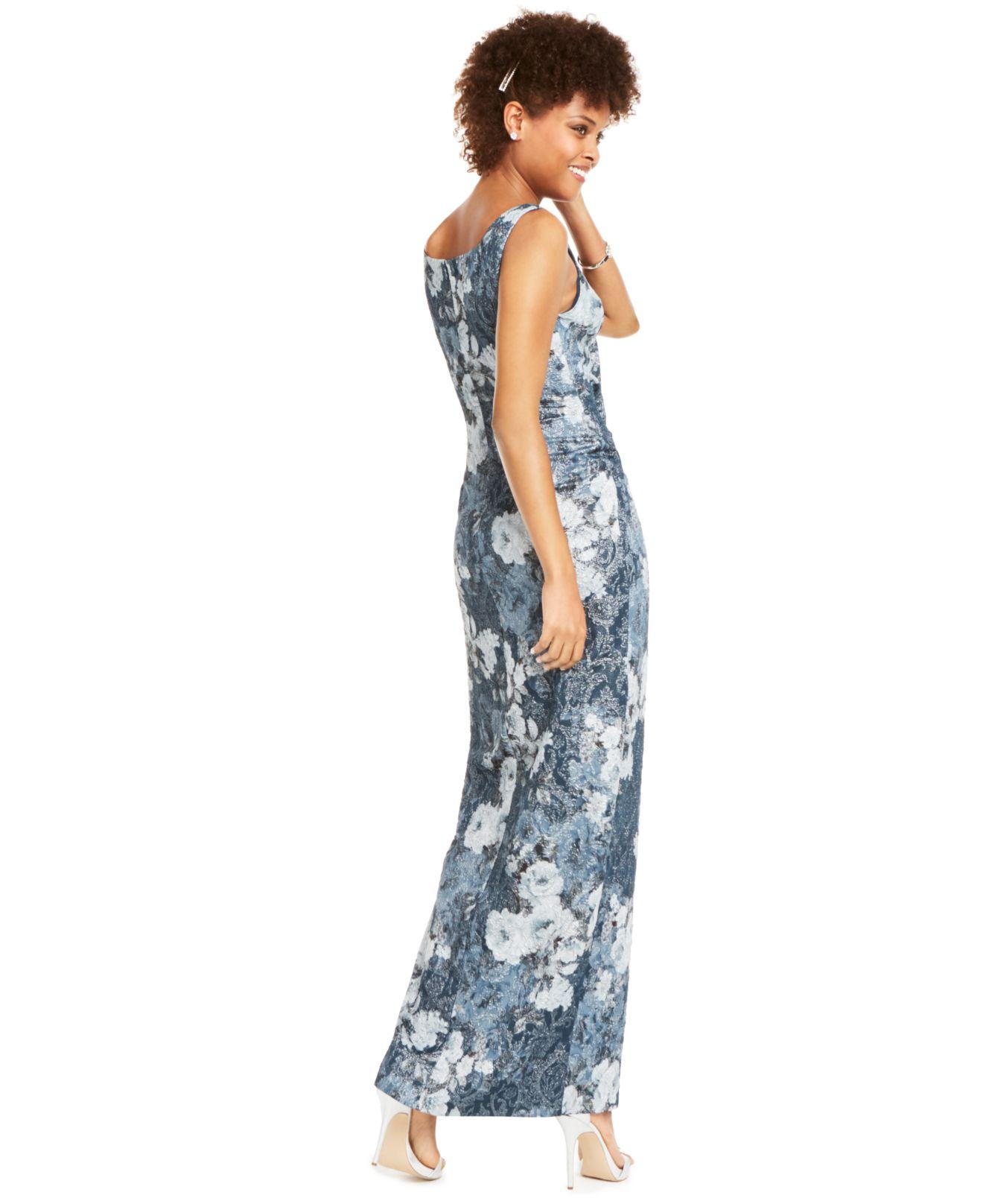 Adrianna Papell Synthetic Metallic Floral-print Gown in Midnight Blue Floral  (Blue) - Lyst
