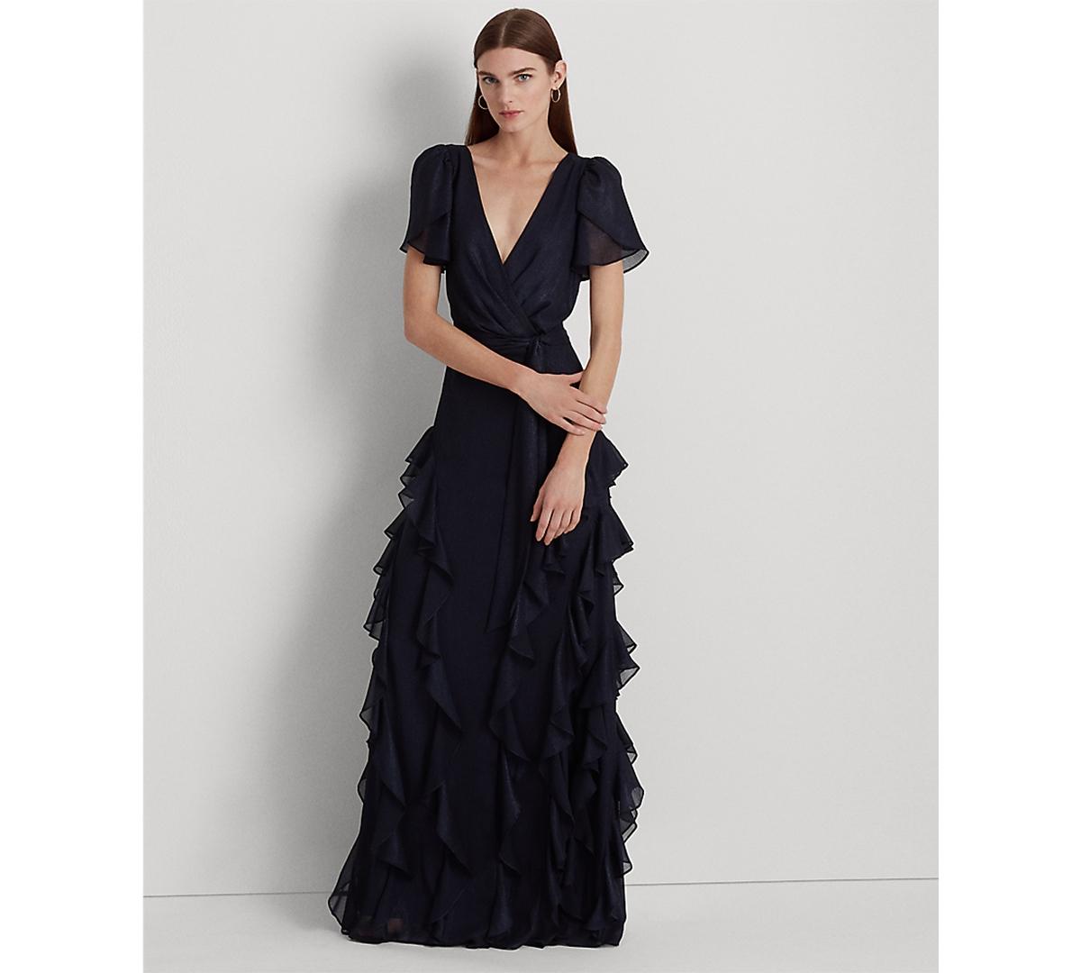 【POLO RALPH LAUREN】RUFFLE-TRIM ETTEロングワンピース Ralph Lauren Ruffle-trim Metallic Chiffon Gown in Blue | Lyst