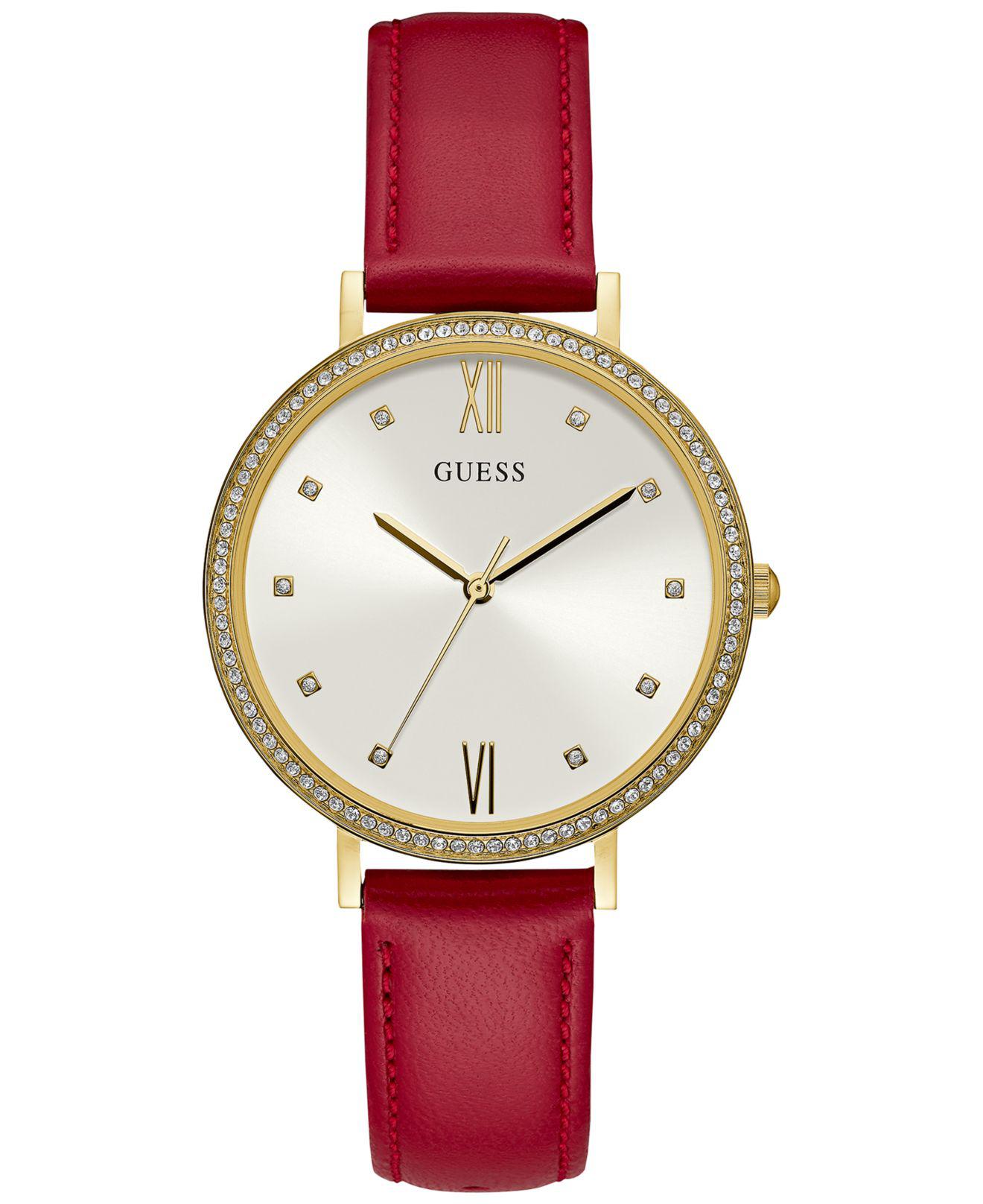 Guess Red Leather Strap Watch 38mm, Created For Macy's - Lyst
