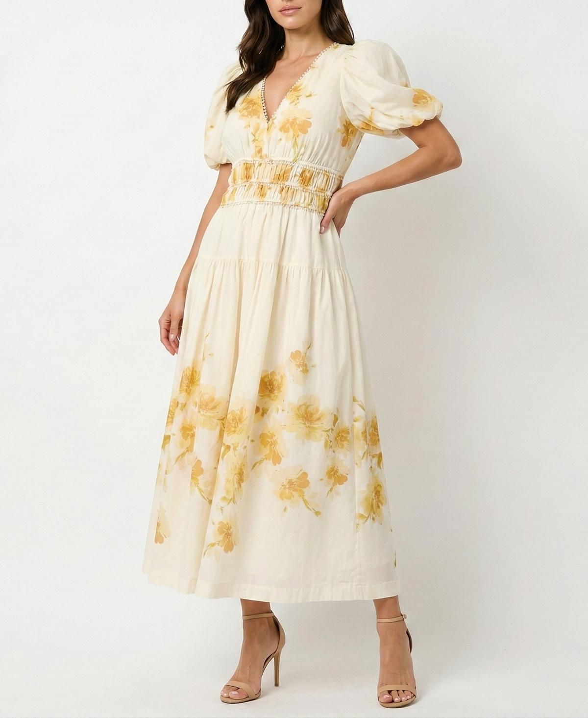 white christmas dresses Beige Floral Pleated Chiffon Midi Dress – PinkBlush