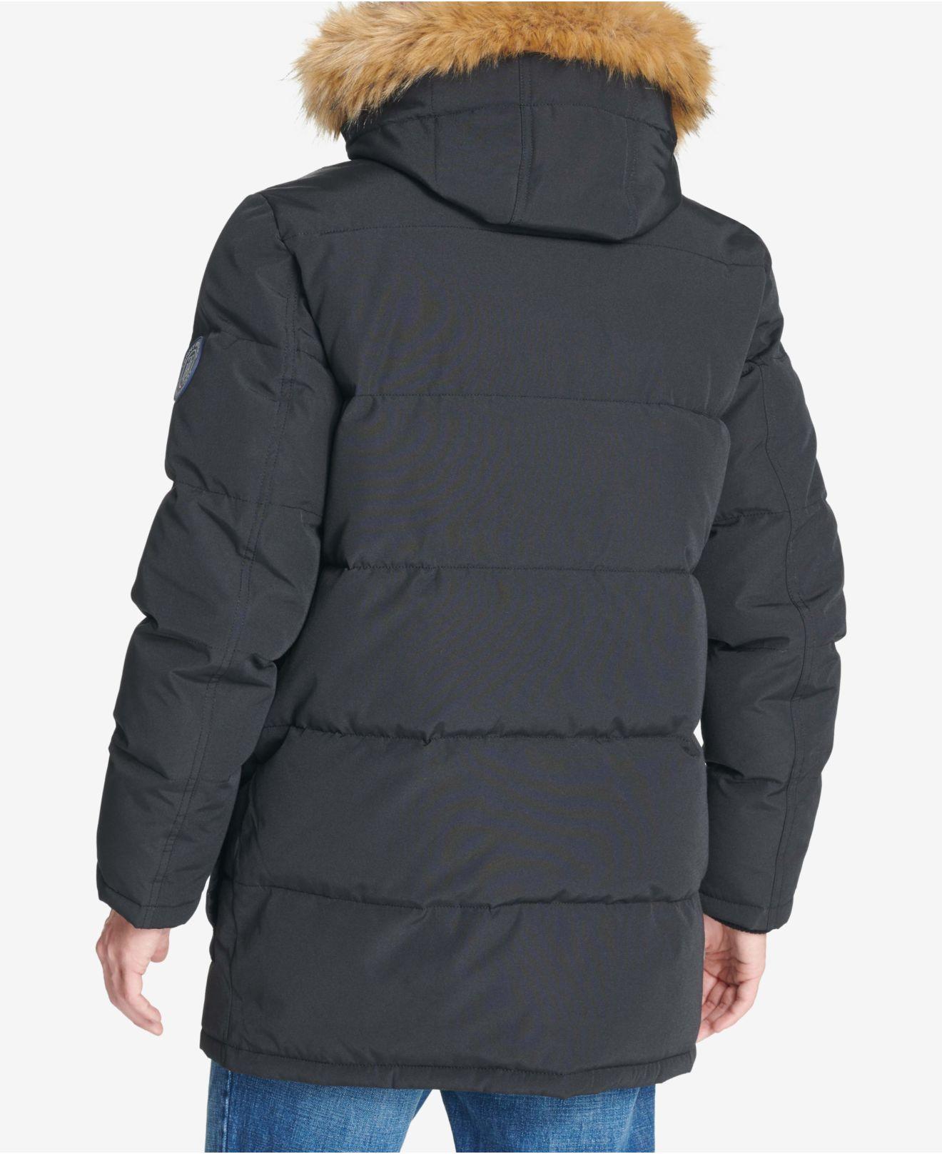 Tommy Hilfiger Big & Tall Long Parka Jacket With Faux Fur Hood in Black
