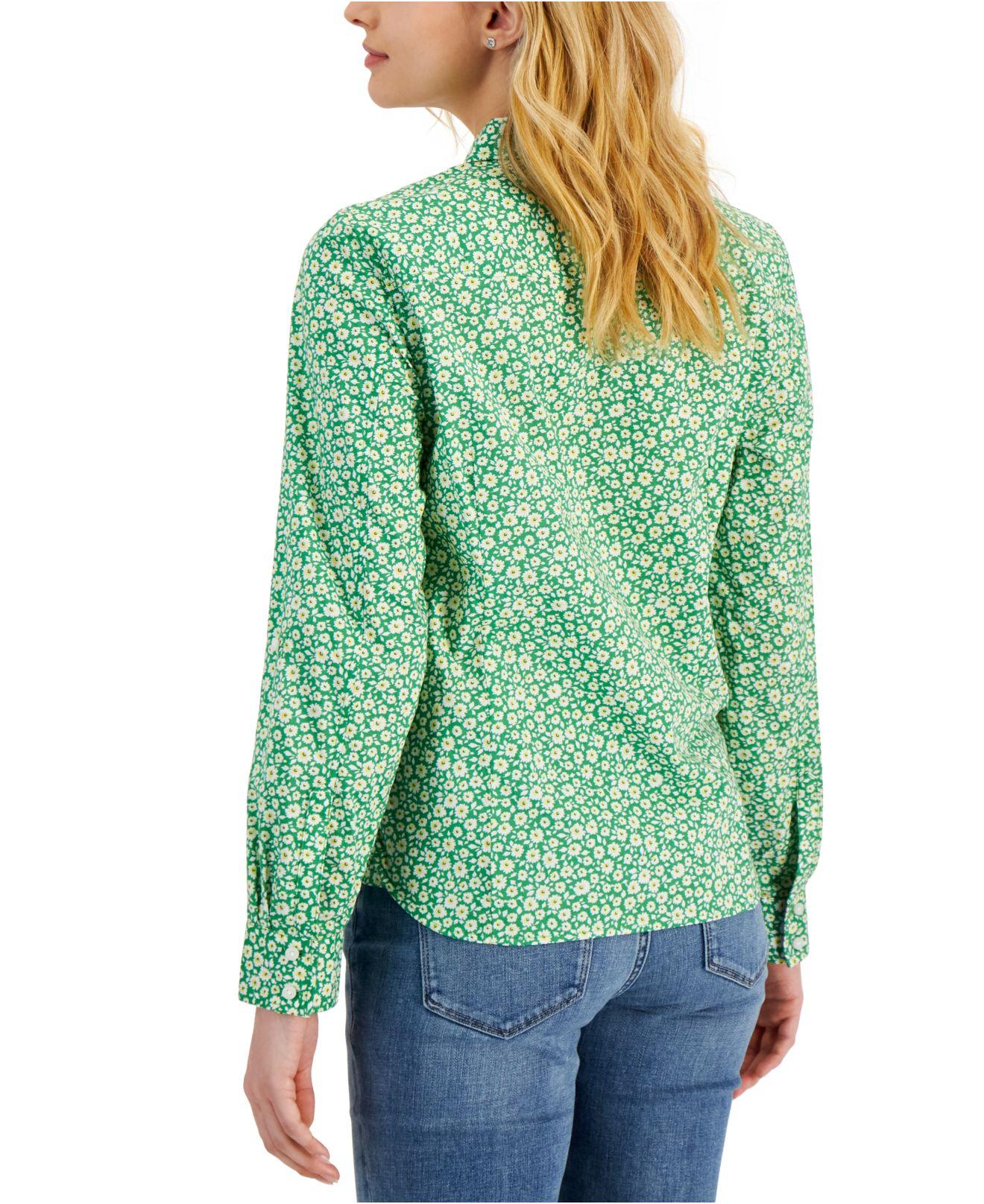 Tommy Hilfiger Printed Long Sleeve Roll-tab Top in Green | Lyst