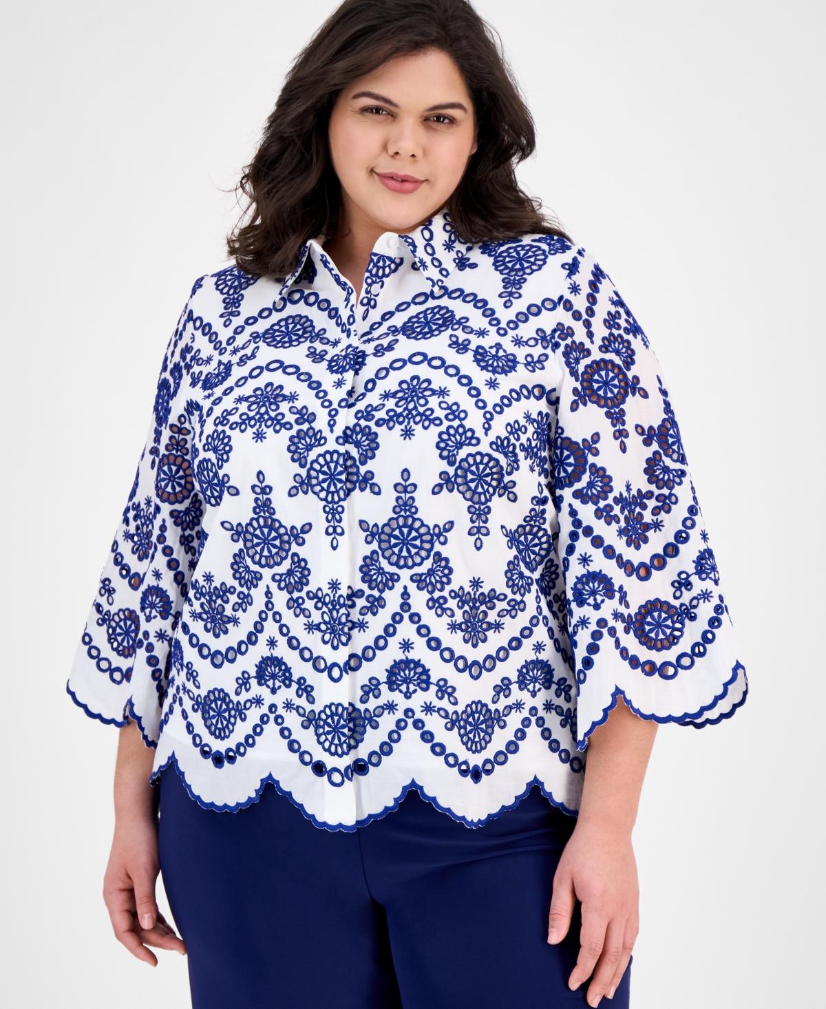 売れ筋商品|||アンクライン カットソー トップス レディース Plus Size Cotton Embroidered Eyelet Blouse Santorini Blue/White Anne Klein Plus Size Cotton Embroidered Eyelet Blouse in